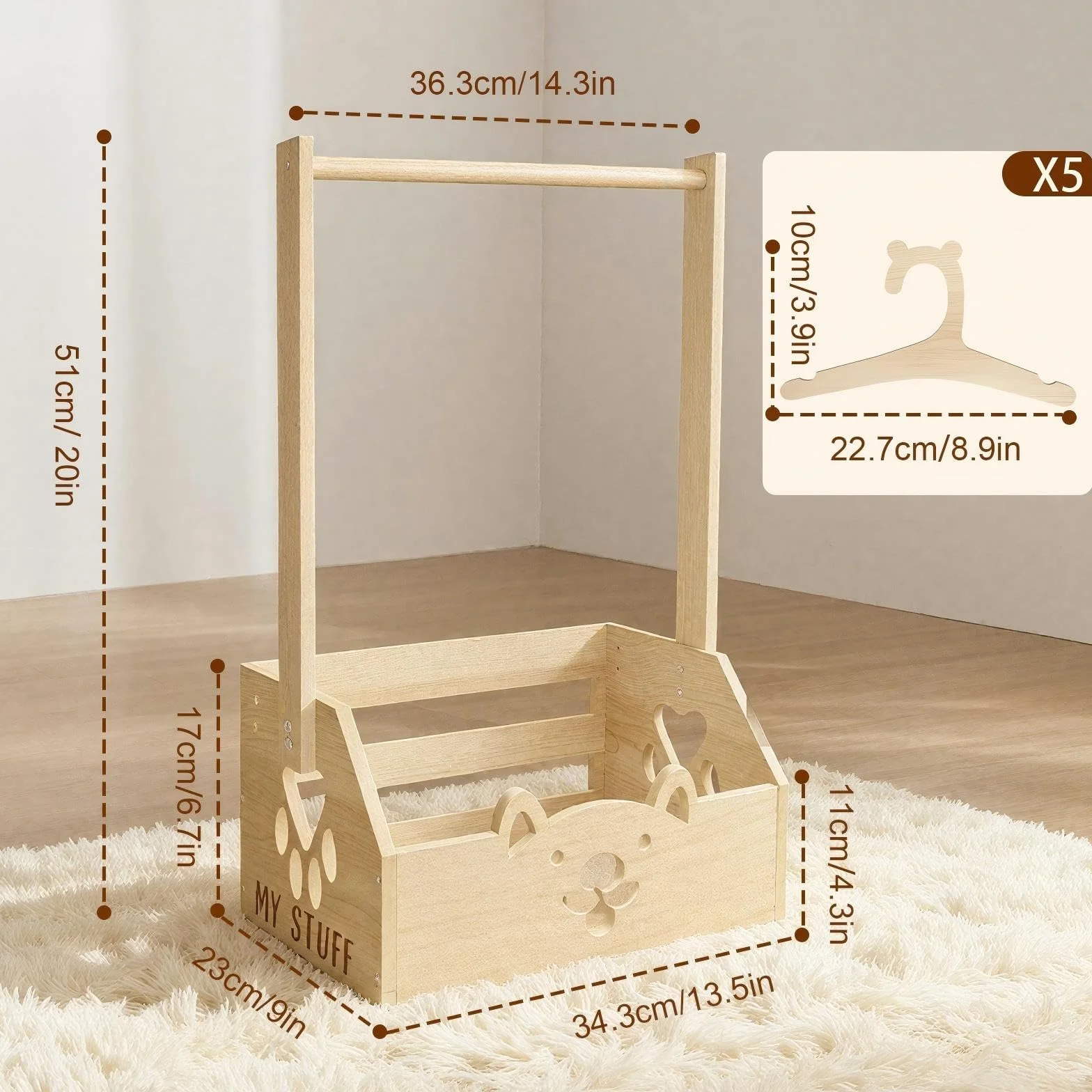 Kosz Prezentowy Z Uchwytem, ​​34 x 23 x 17 cm, Drewniane Pudełko Prezentowe, Kosz Do Przechowywania Z Drążkiem, Wieszak Na Ubrania, Wygodny Do Organizacji I Przechowywania