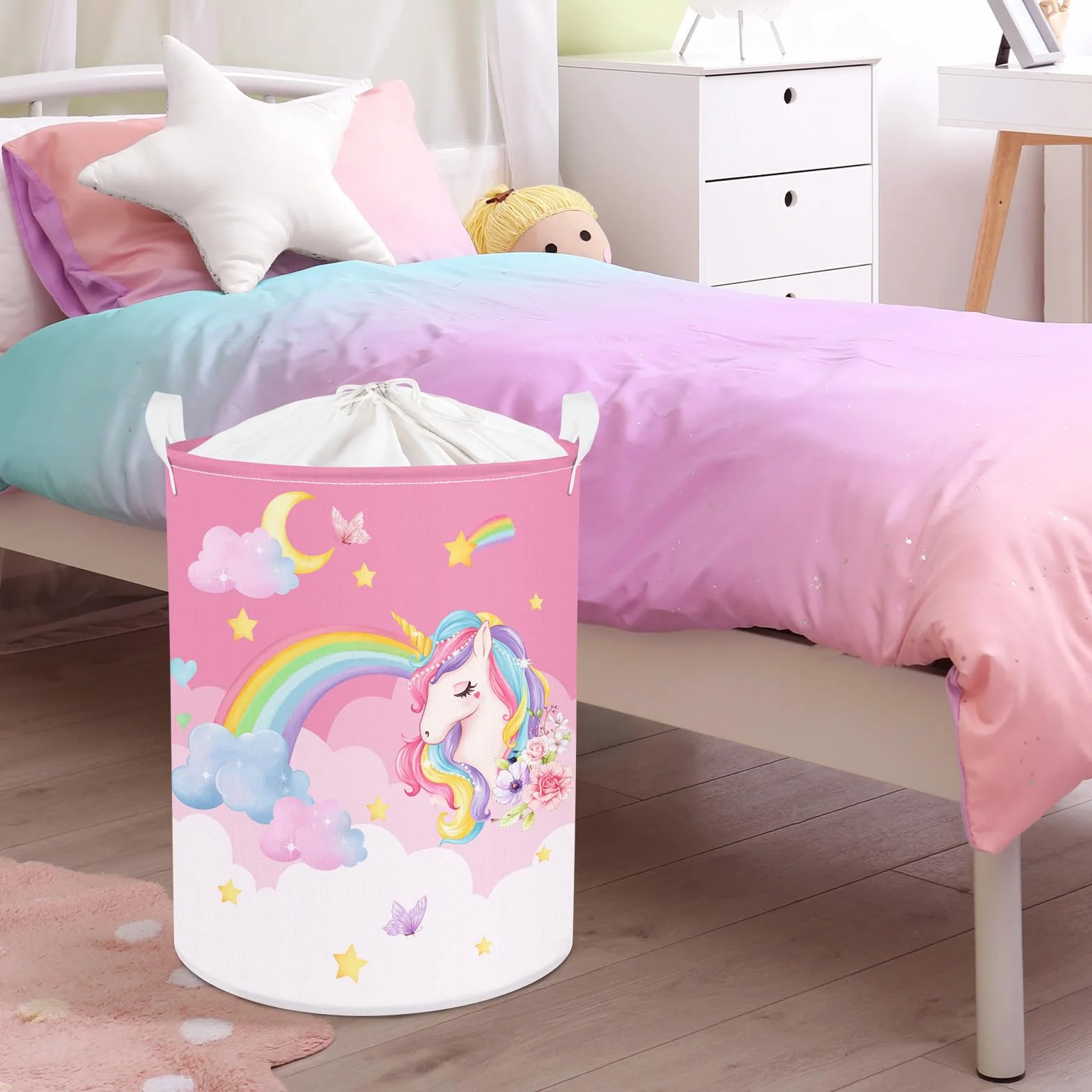 Clastyle 45L Kosze Pościel Jednorożec Rainbow Chmura Księżyc Gwiazdy Kwiat Kosz Zabawki Różowy Okrągły Okrągły Składany do Pokoju Dziecięcego, 36x45 cm, CTS0186