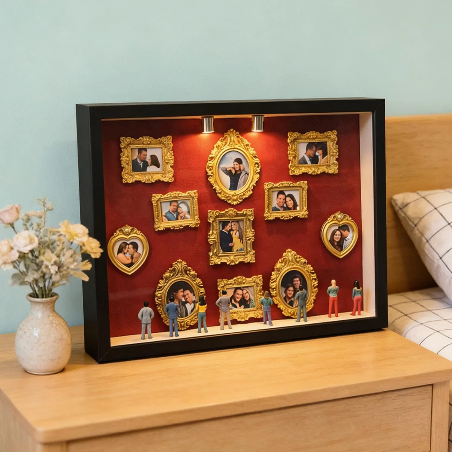 Mini muzeum DIY ramka zdj?cia, zestaw 11 z?otych mini ramek, 8 przypadkowych figurek, ?wiat?o LED rocznic?, wesele i do dekoracji, 22,7 x 31,4 x 3,7 cm, Czarna
