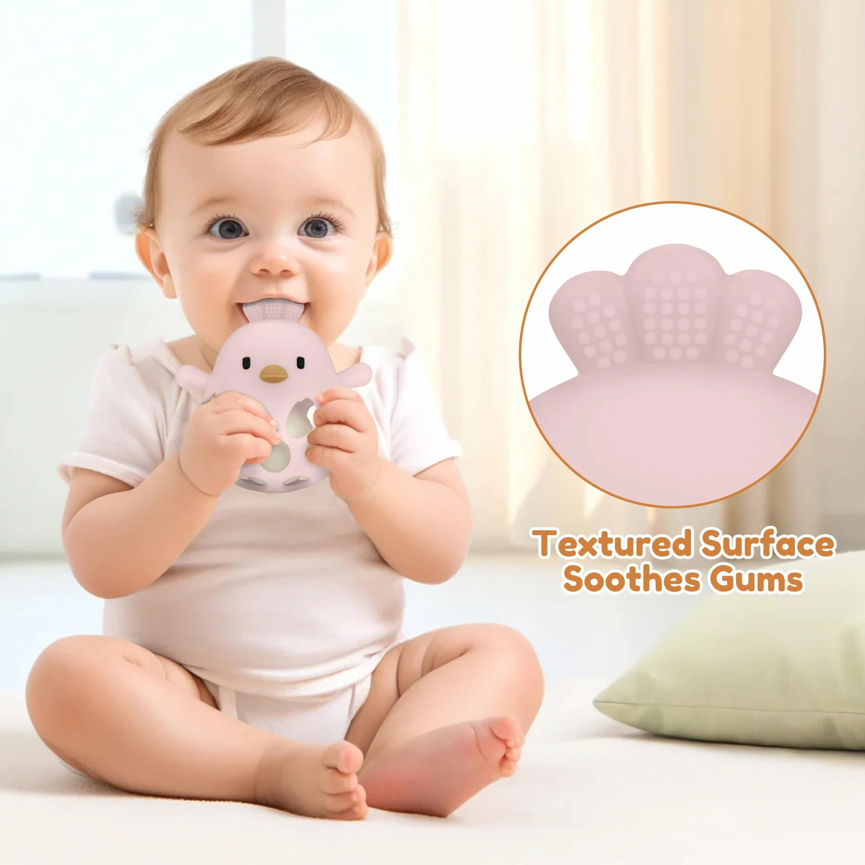 MCGMITT BPA-free silikonowa piłka dla niemowląt, z grzechotką, zabawka sensoryczna i motoryczna w kształcie kurczaka, prezent Montessori na ząbkowanie 0 6 9 miesięcy, dla niemowląt i małych dzieci