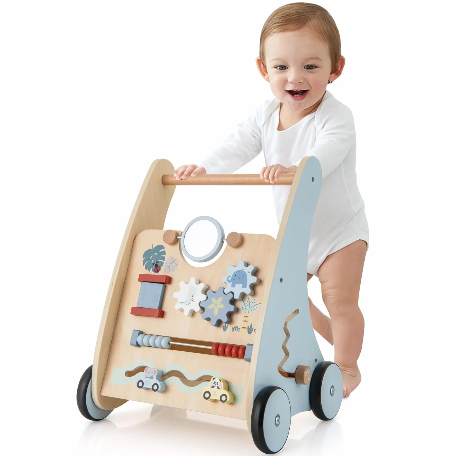 GOPLUS Wózek do nauki chodzenia 2 w 1, drewniany z interaktywnymi elementami, tylna półka, wózek do biegania Montessori Baby Walker dla dziewczynek i chłopców od 1 roku życia
