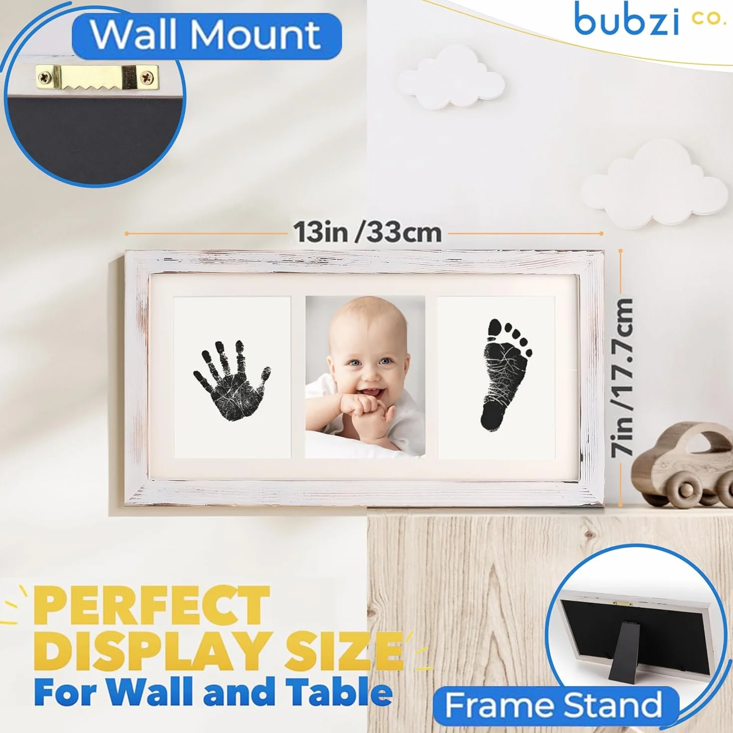 Bubzi Co Zestaw odcisków dłoni dla niemowląt i ramka na zdjęcia dla noworodków i chłopców, unikalny zestaw prezentów na baby shower, pamiątkowe dekoracje na ścianę pokoju lub pokoju dziecięcego (białe