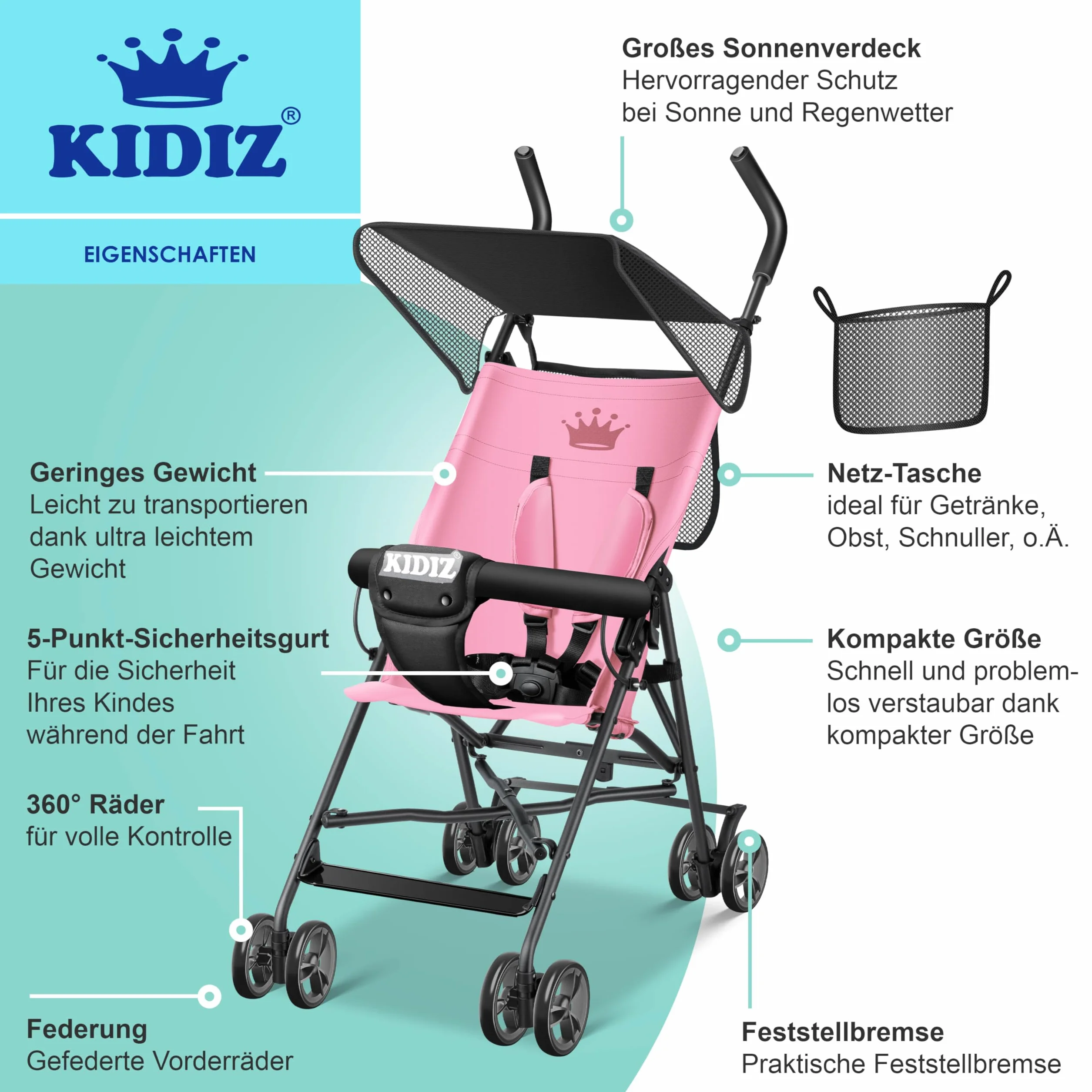KIDIZ® CITY Wózek dziecięcy Wózek dziecięcy Uniwersalny składany wózek sportowy, składany, 4-calowe kółka obrotowe 360°, osłona przeciwsłoneczna i ochrona przed deszczem