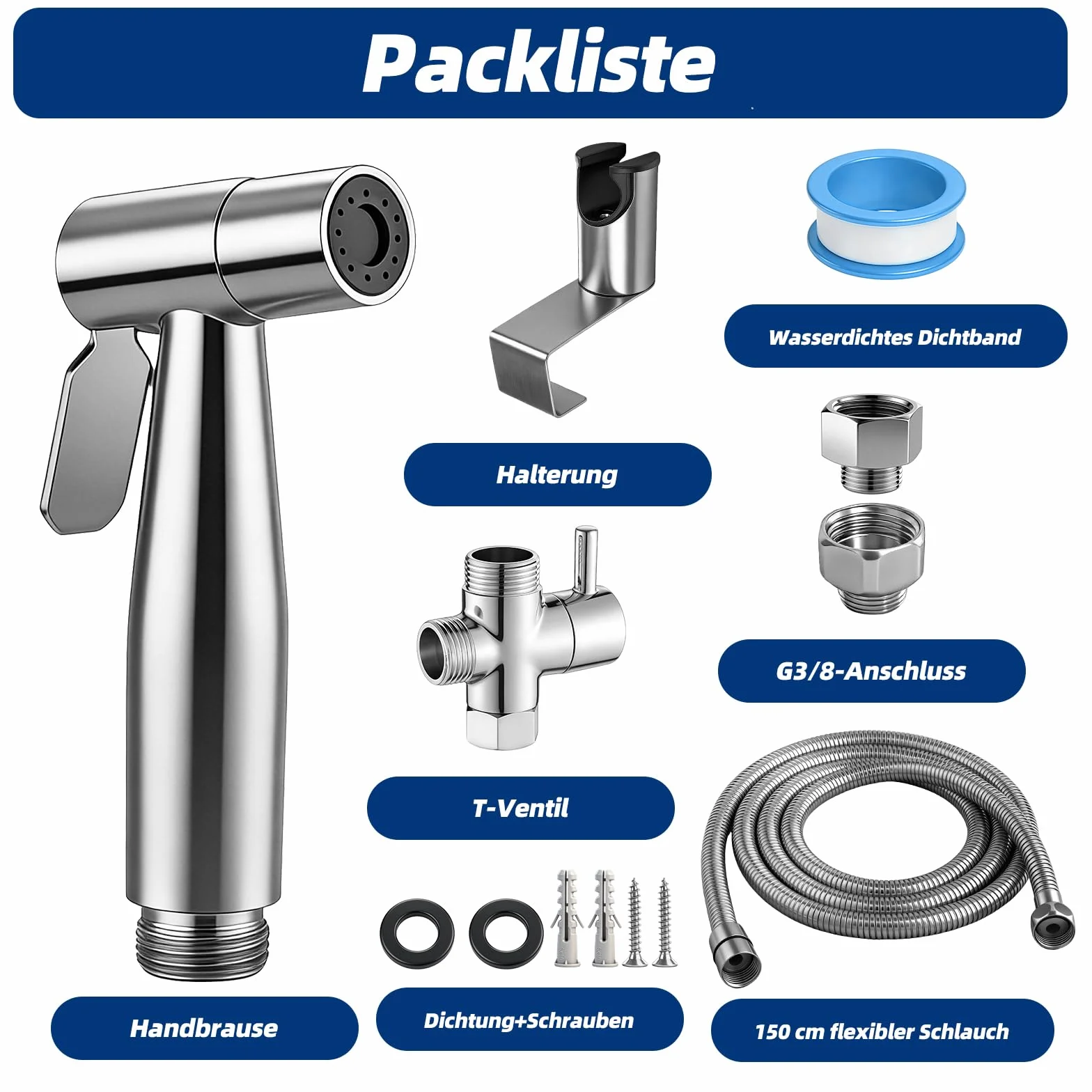 Bidet słuchawka prysznicowa, opryskiwacz bidetowy, stal nierdzewna, z zaworem T G1/2" i adapterem do toalety G3/8", wąż 150 cm, toaleta z hakiem lub uchwytem ściennym, słuchawka prysznicowa, pielucha