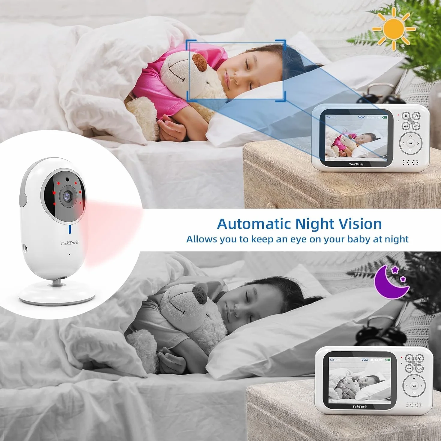 TakTark Babyphone Aparat Wideo Babyphone 3,2'' LCD Baby Phone Wireless Camera, Wideofon dziecięcy, Dwukierunkowy monitoring komunikacji, VOX, noktowizor, Zoom cyfrowy