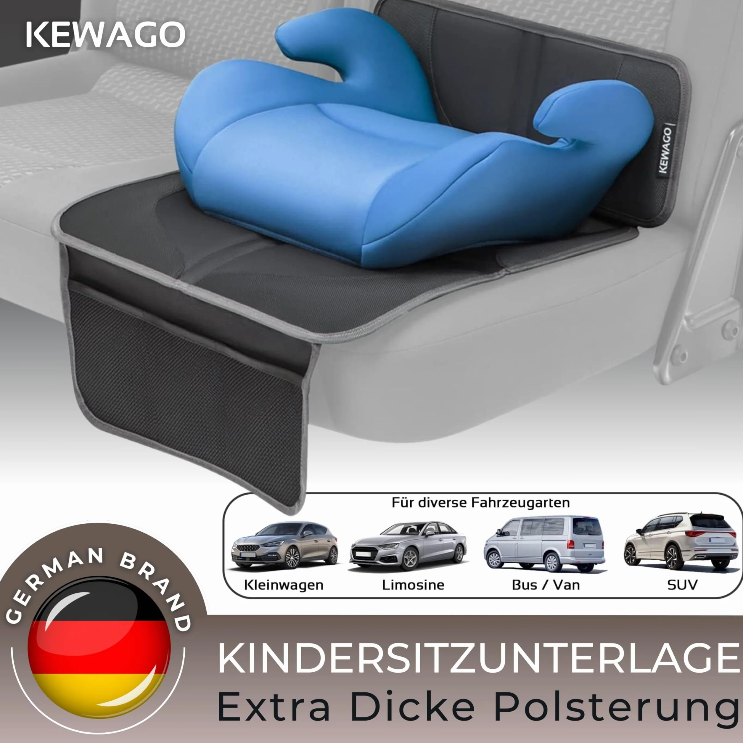 Premium Kindersitzunterlage für Autositzerhöhungen. Autositz-Schutz für Sitzerhöhung und Kindersitz. Autositzschoner für ISOFIX. Schmutzabweisende und universell passende Sitzunterlage.