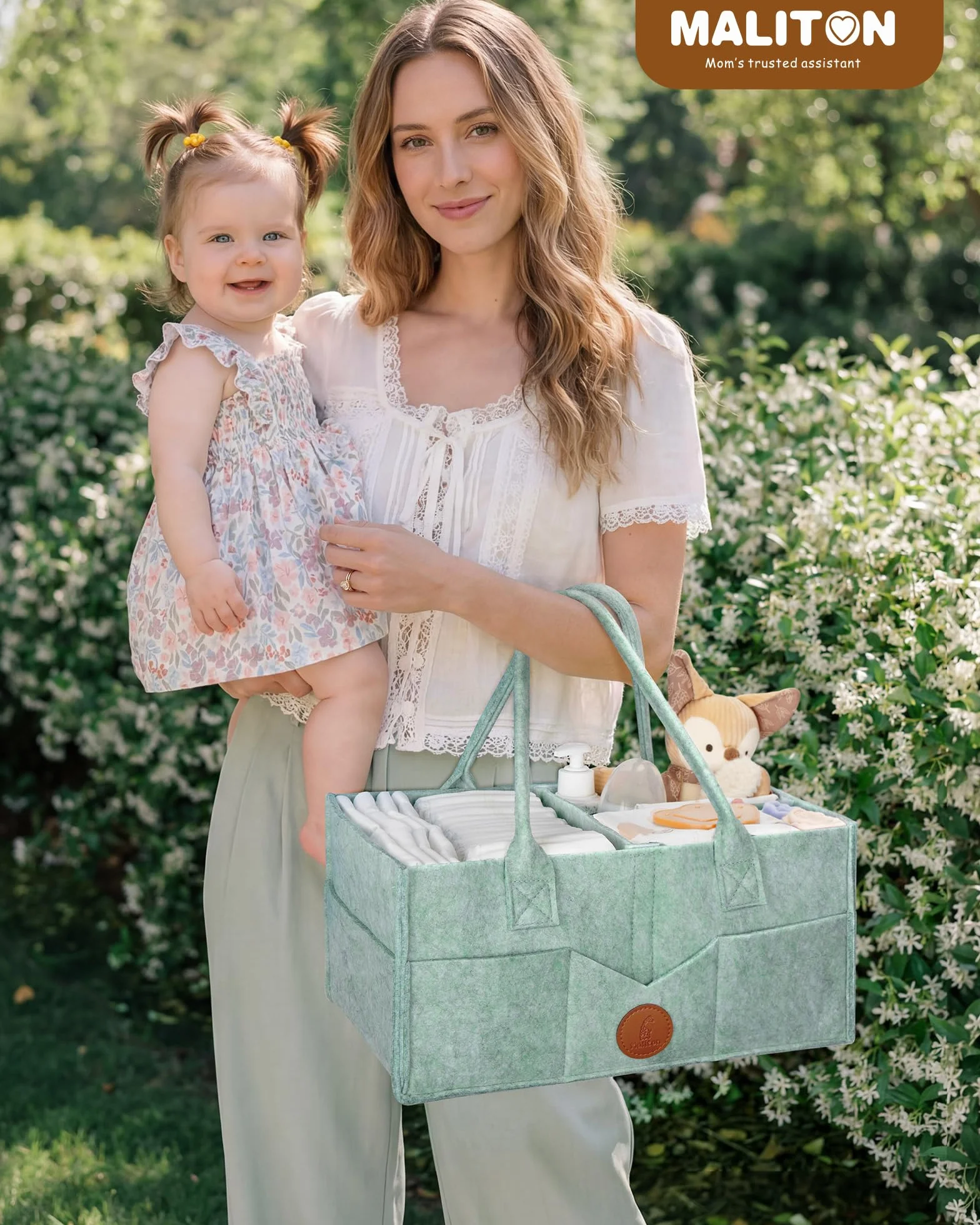 Maliton Organizer na pieluchy dla niemowląt Caddy Newborn Essentials, wytrzymała przenośna torba filcowa, kosz do przechowywania dla niemowląt z wyjmowanymi przegródkami, torba na pieluchy jako baby