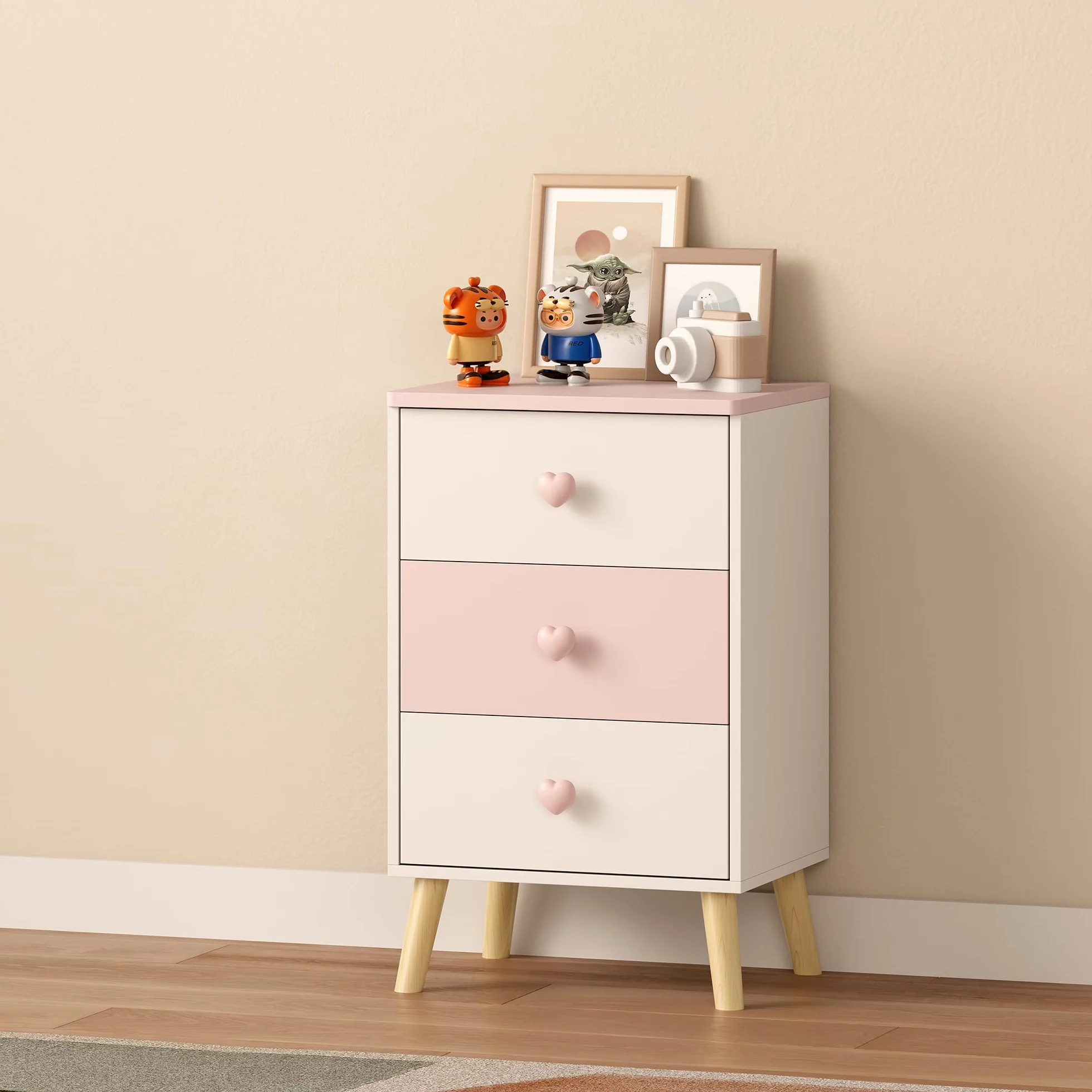 [en.casa] Komoda dziecięca z 3 szufladami Sandnes szafka z szufladami wąska 62 x 38 x 30 cm pokój dziecięcy szafka nocna drewniane nogi biały/różowy