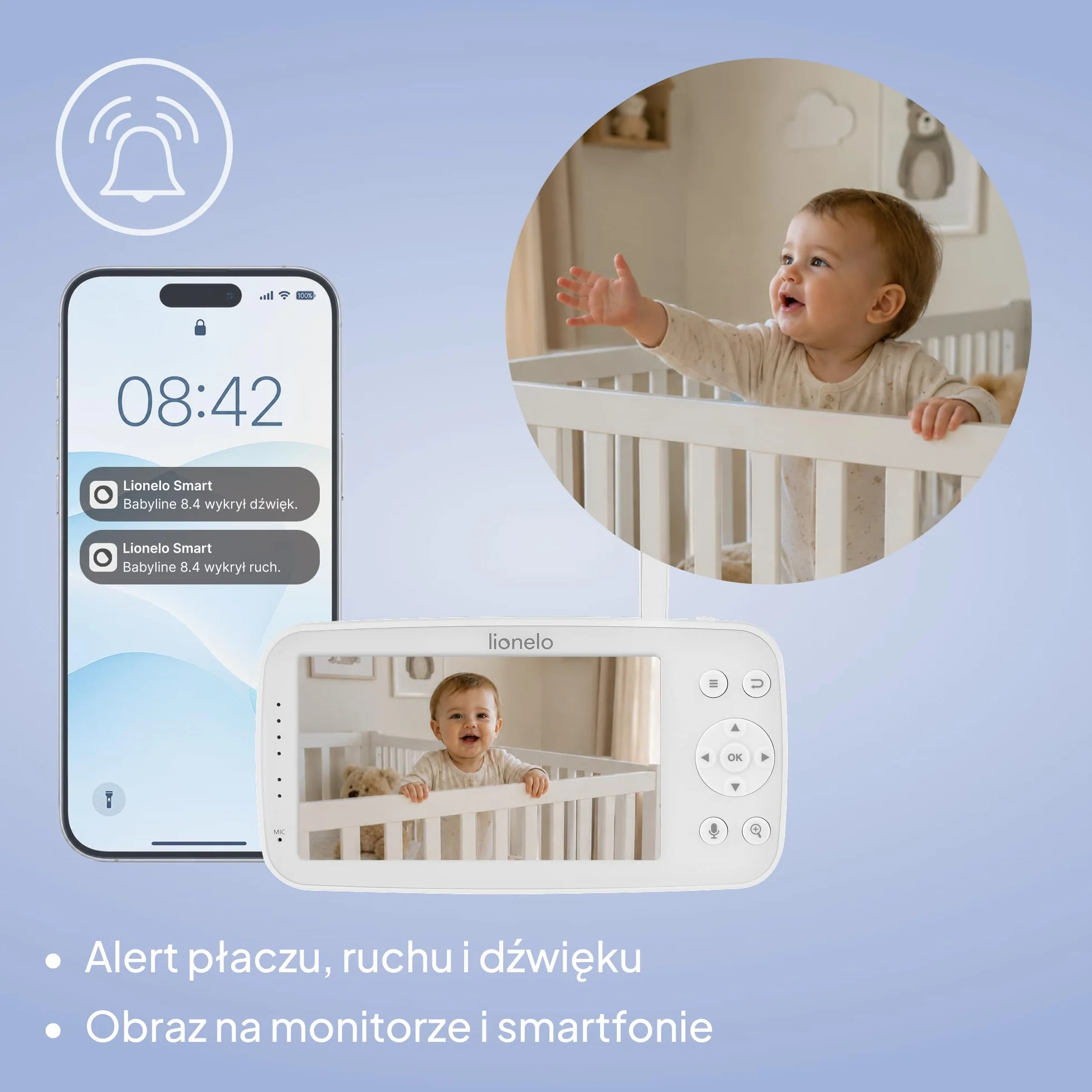 Lionelo Babyline 8.4 elektroniczna niania z kamerą i aplikacją, monitor wideo dla niemowląt z 5-calowym wyświetlaczem, Full HD 1080p, widoczność w nocy, wykrywanie ruchu i pisania, 2-drożne audio