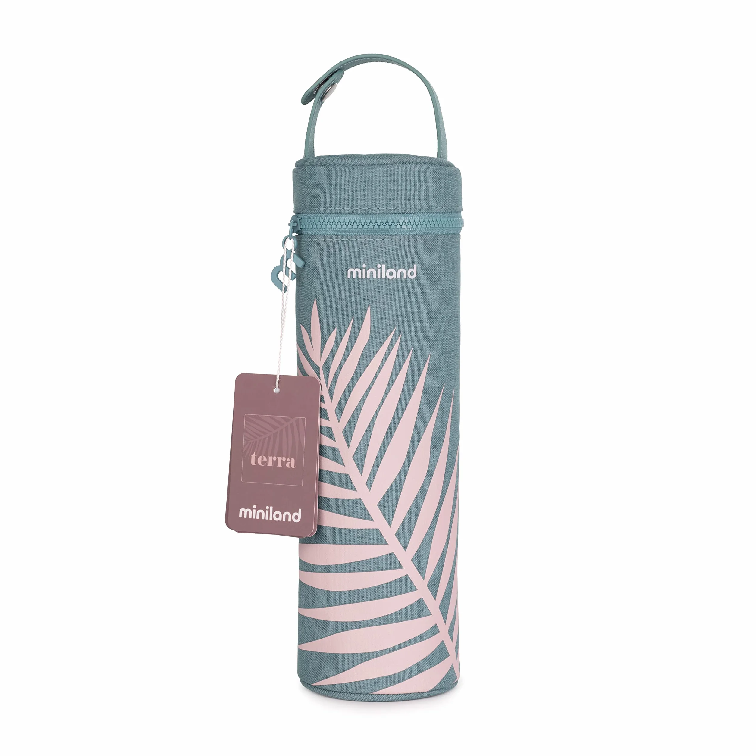 Miniland Thermibag Palms 500 ml izotermiczny pokrowiec z uchwytem do łatwego zawieszania i przenoszenia - idealny do butelek dla niemowląt lub termosów, niebieski, 89452