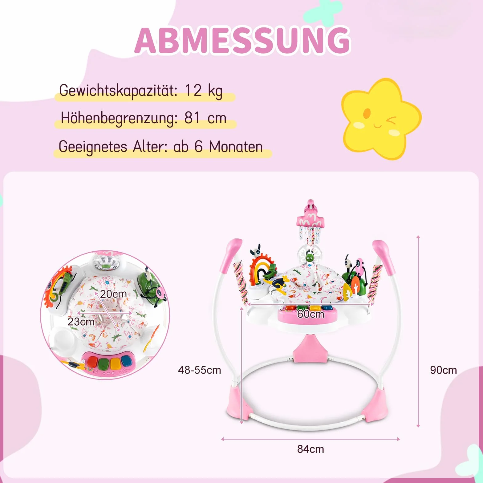 COSTWAY Baby Rainforest Jumperoo pomoc do nauki chodzenia z regulowanymi wysokościami, obracane o 360° siedzisko i zdejmowany tablet muzyczny, Baby Bouncer z oświetleniem i dźwiękiem, centrum