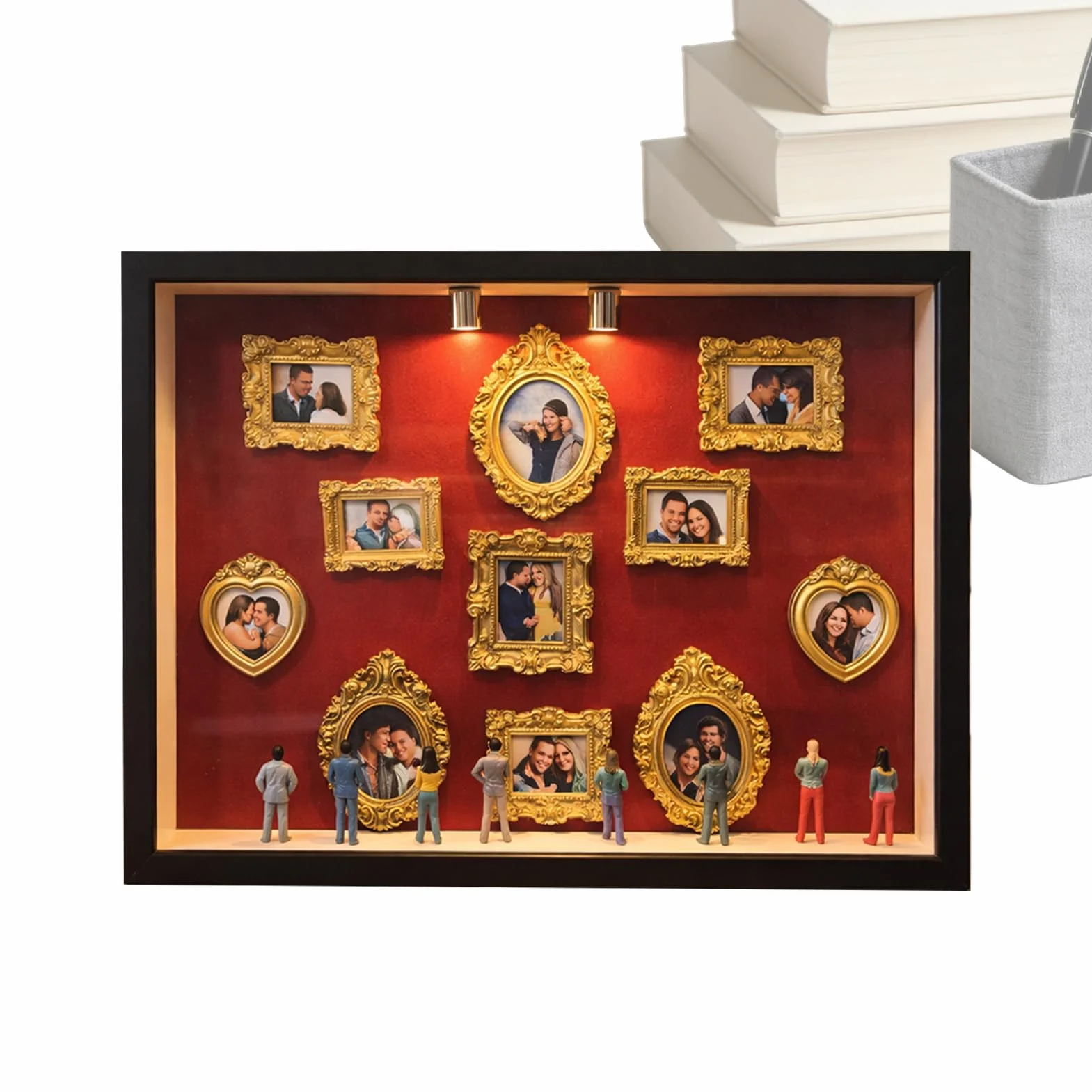 Mini muzeum DIY ramka zdj?cia, zestaw 11 z?otych mini ramek, 8 przypadkowych figurek, ?wiat?o LED rocznic?, wesele i do dekoracji, 22,7 x 31,4 x 3,7 cm, Czarna