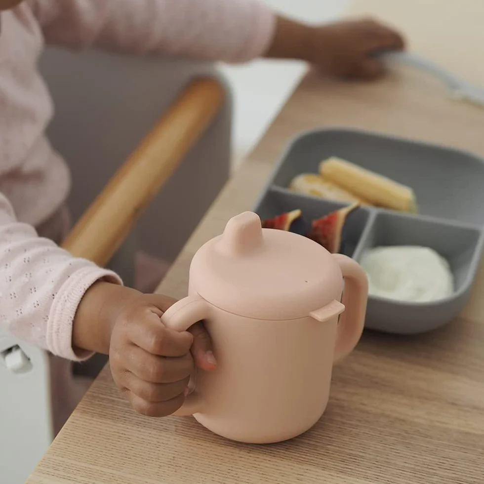 BÉABA, silikonowy zestaw naczyń dla niemowląt, zestaw na posiłki edukacyjne, 3 sztuki, talerz przedziałowy + kubek + łyżka, zdrowy i trwały silikon, nadaje się do zmywarki, mikrofalówka, różowy
