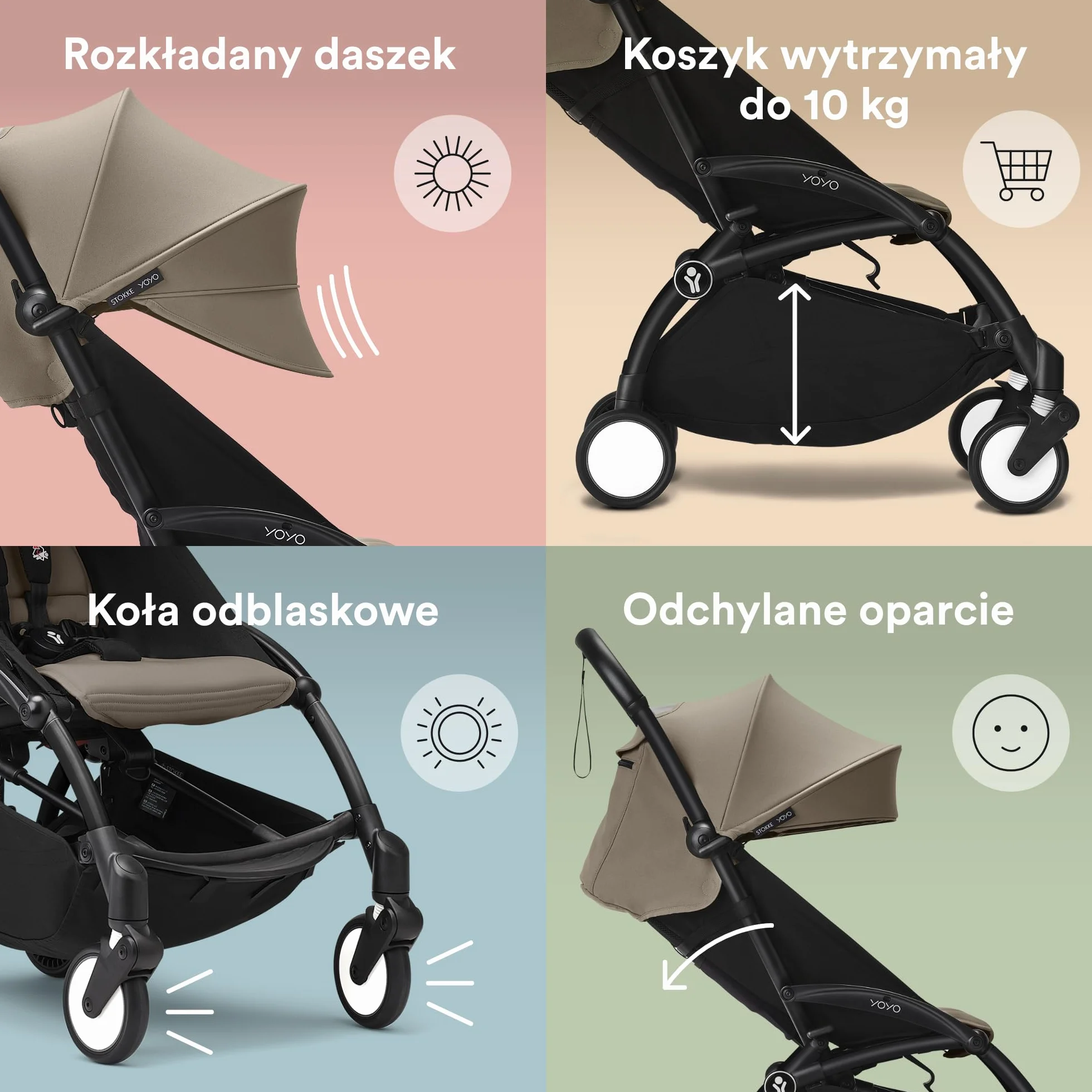 Wózek Stokke YOYO3 z zestawem dla noworodka - zawiera czarną ramę, zestaw kolorowy 6+ (Taupe) i zestaw dla noworodka 0+ (Taupe)