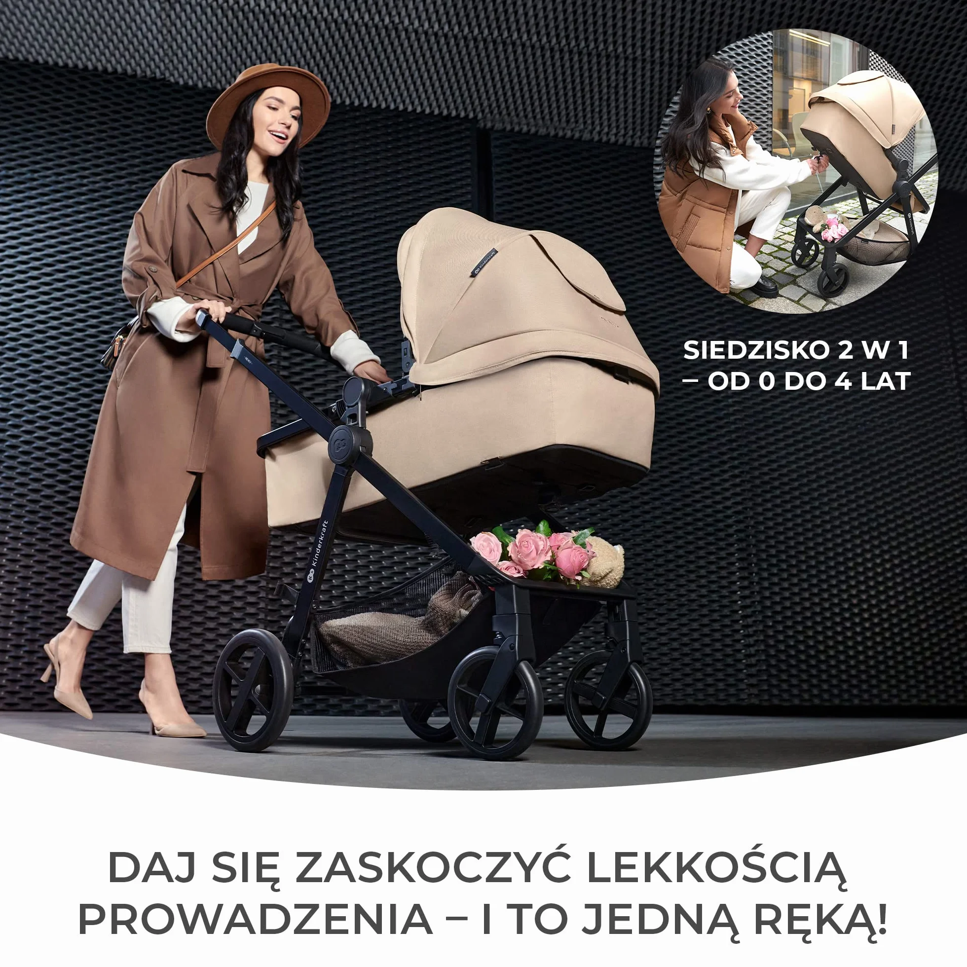 Kinderkraft NEWLY 3w1, wielofunkcyjny wózek dziecięcy, Travel System, funkcja spacerówki, fotelik samochodowy, akcesoria, regulacja oparcia, filtr UPF50+, lekki, od urodzenia do 22 kg, szary