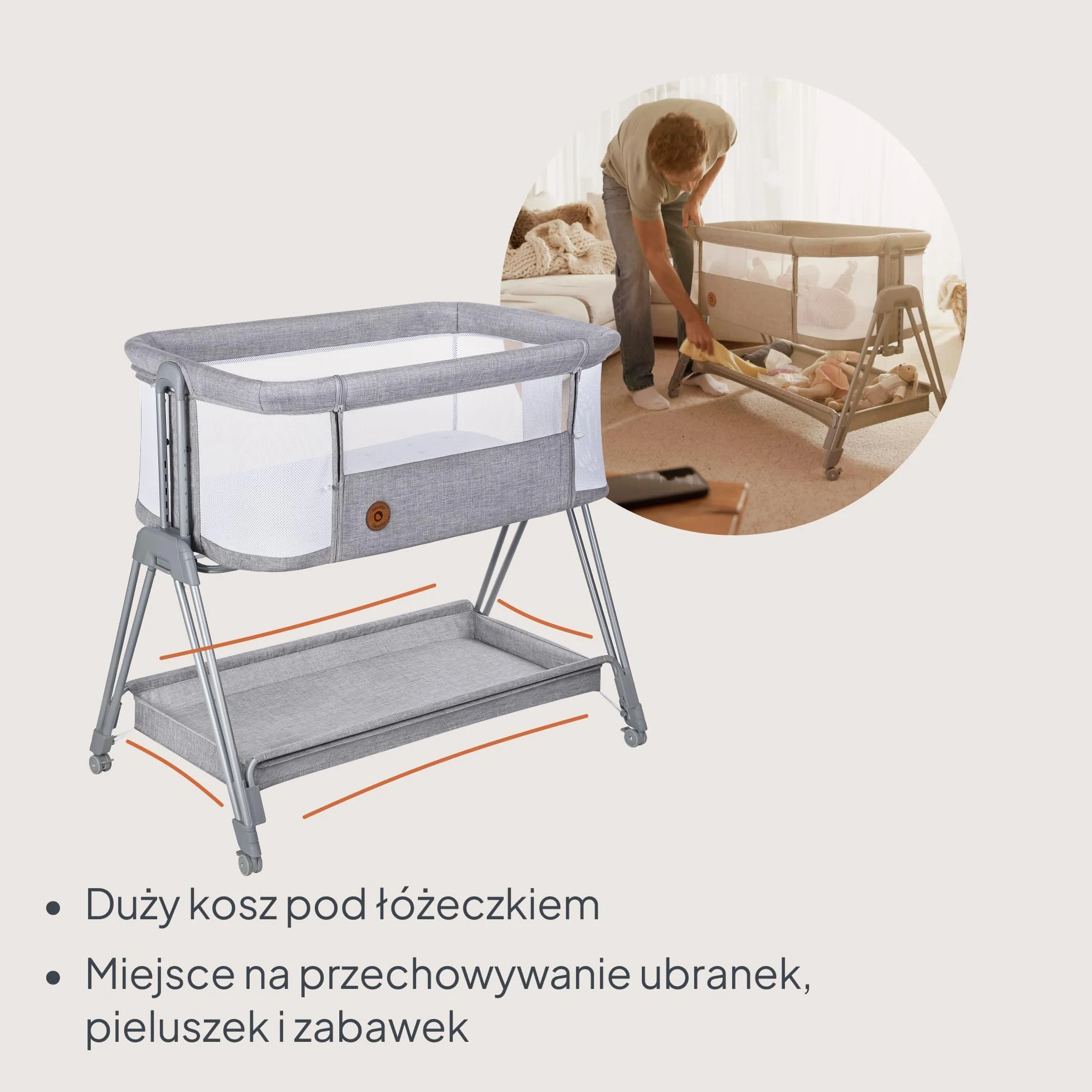 LIONELO Luna przenośne łóżeczko dostawne z materacykiem, co-sleeping, od noworodka do 9 kg. Regulowana wysokość i pochył, 4 kółka z blokadą, mocowanie do łóżka rodziców, przewiewne