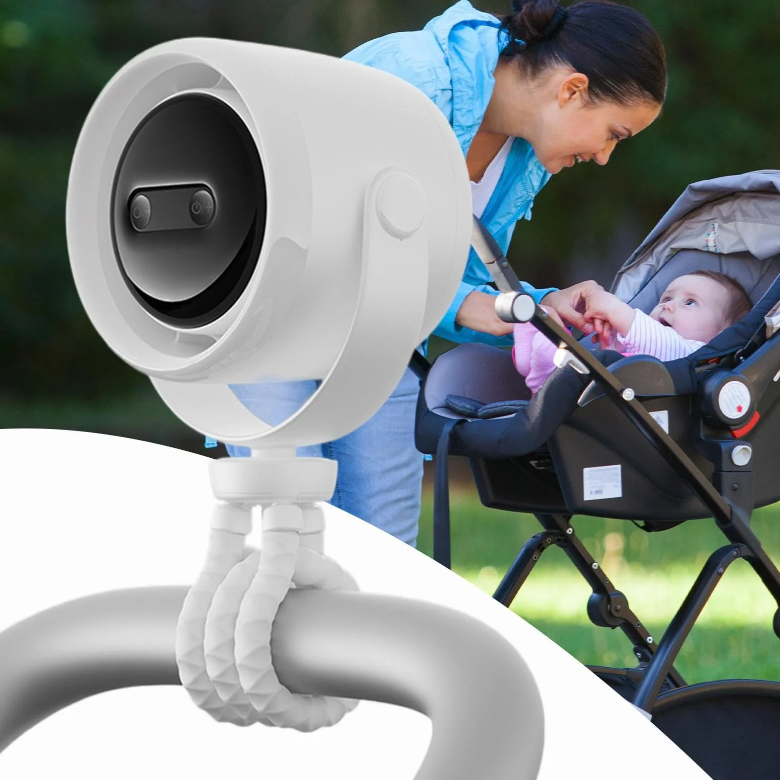 Stroller Fan, Portable Fan, 100 Speed Settings Rechargeable Ventilador with Night Light for Travel, Camping, Desk, Beach, 12.8x6.57 Inches, White, Black