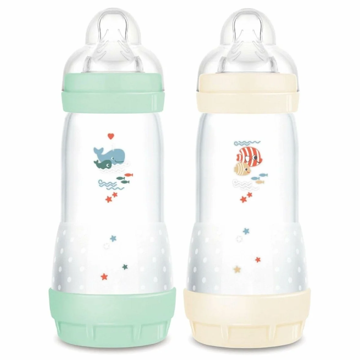 MAM - Zestaw 2 butelek dla niemowląt Easy Start Anti-Colique 4+ miesięcy szybkiego przepływu (2 x 320 ml), mięta + bawełna - Butelka zmniejszająca kolkę i dyskomfort dziecka - Butelka dla niemowląt