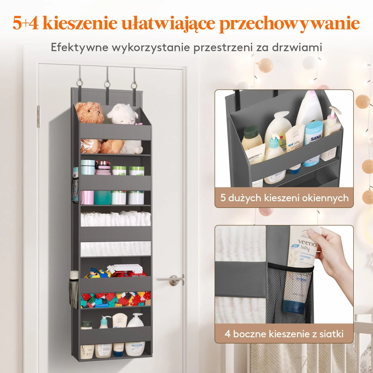 Lifewit 5-półkowy organizator nad drzwiami, przechowywanie wiszące z 4 kieszeniami bocznymi z siatką, anty-wywracanie, obciążenie 18 kg, do spiżarni/przedszkola/sypialni/dormitorium, 2 opakowania