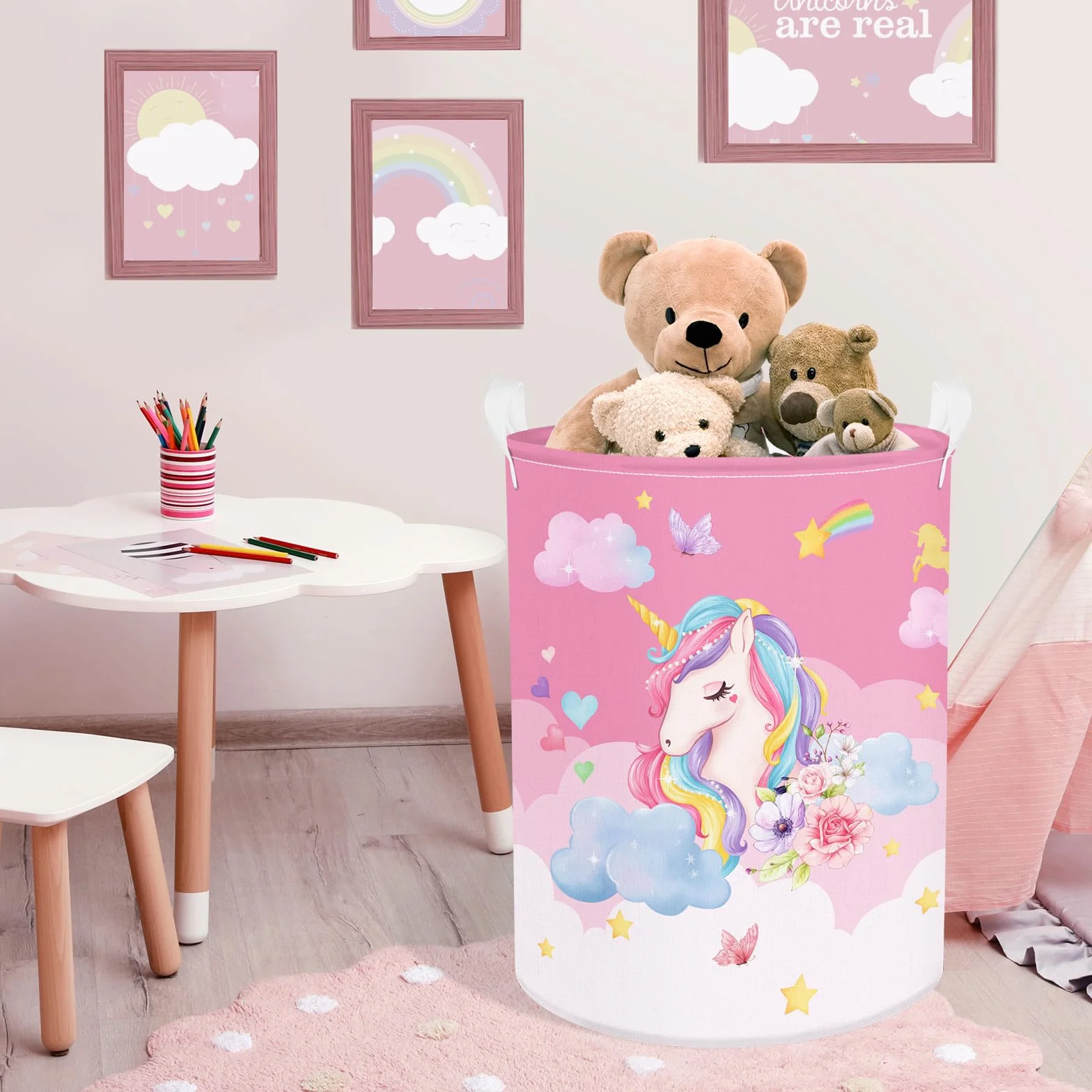 Clastyle 45L Kosze Pościel Jednorożec Rainbow Chmura Księżyc Gwiazdy Kwiat Kosz Zabawki Różowy Okrągły Okrągły Składany do Pokoju Dziecięcego, 36x45 cm, CTS0186