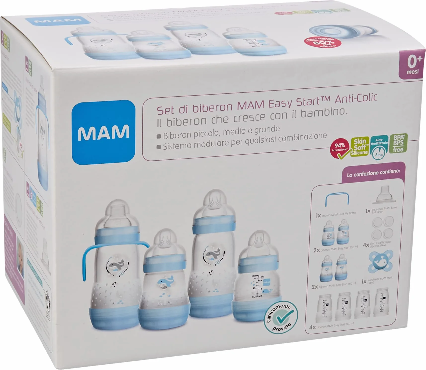 MAM Zestaw 8 butelek z silikonowym smoczkiem Skinsoft Easy Start Easy Start, 1 smoczek Nanò, 1 bardzo miękki wylewka i uchwyty, jasnoniebieski