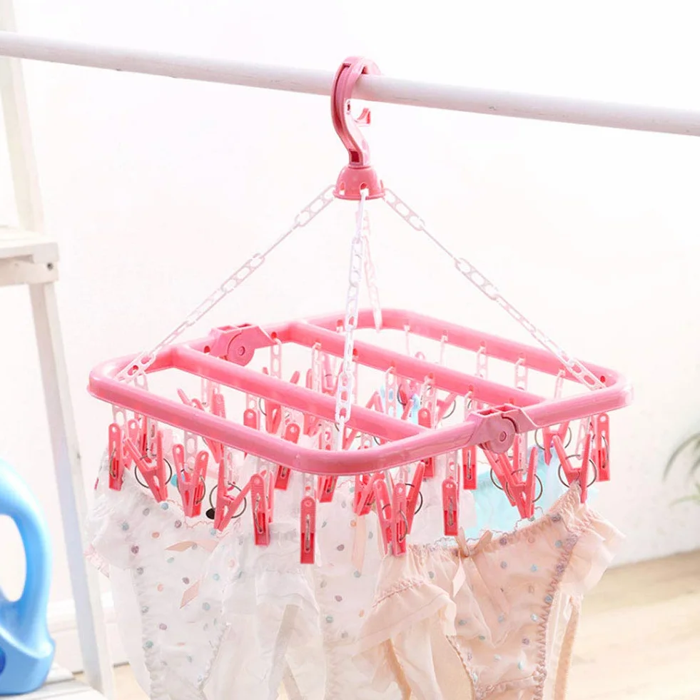 Wäschebügel 32 Clips Klapp Kleiderbügel Trockner Socken Unterwäsche Baby Kleidung BHs Handtuch Stoffwindeln Wäscheständer(Rosa)