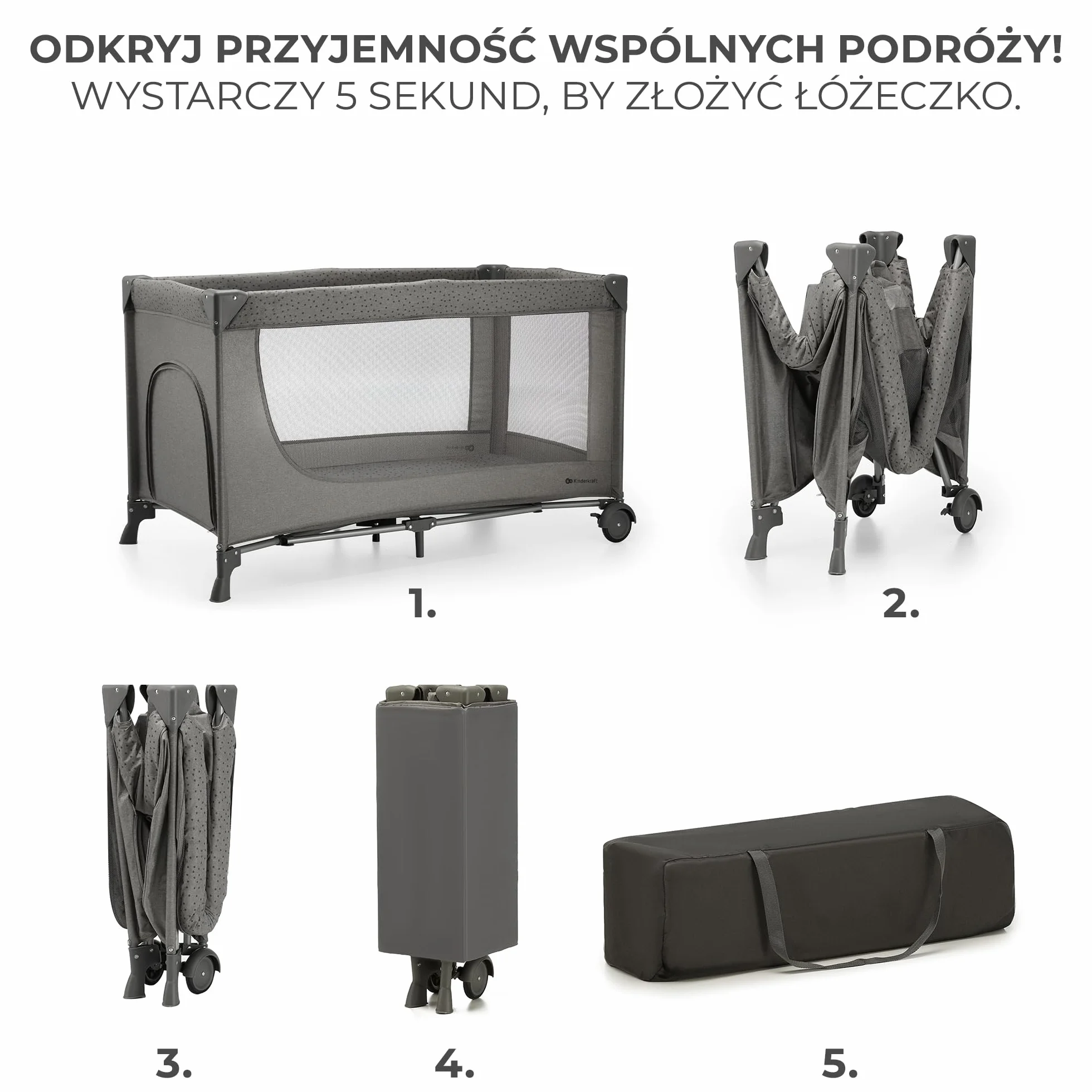 Kinderkraft JOY 2 Łóżeczko turystyczne 2 w 1, Boczne wejście, Szybkie składanie i rozkładanie, Zabezpieczenie przed złożeniem, Kółka i torba ułatwiające transport, Szary