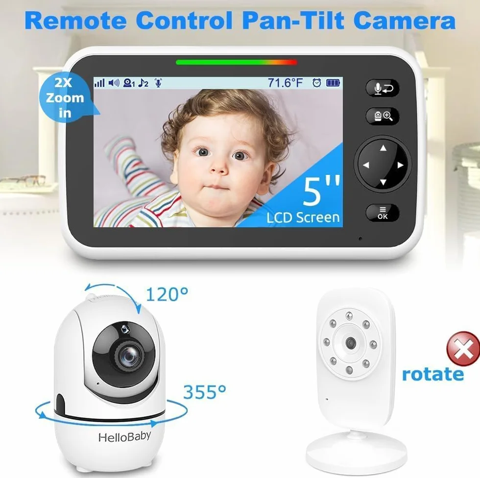 HelloBaby Elektroniczna niania HB6550 z kamerą i noktowizorem, wyświetlacz 15.2 cm z 30-godzinną baterią, monitor wideo Pan-Tilt-Zoom, bez WiFi, 2-kierunkowa rozmowa, temperatura, 8 kołysanek i zasięg