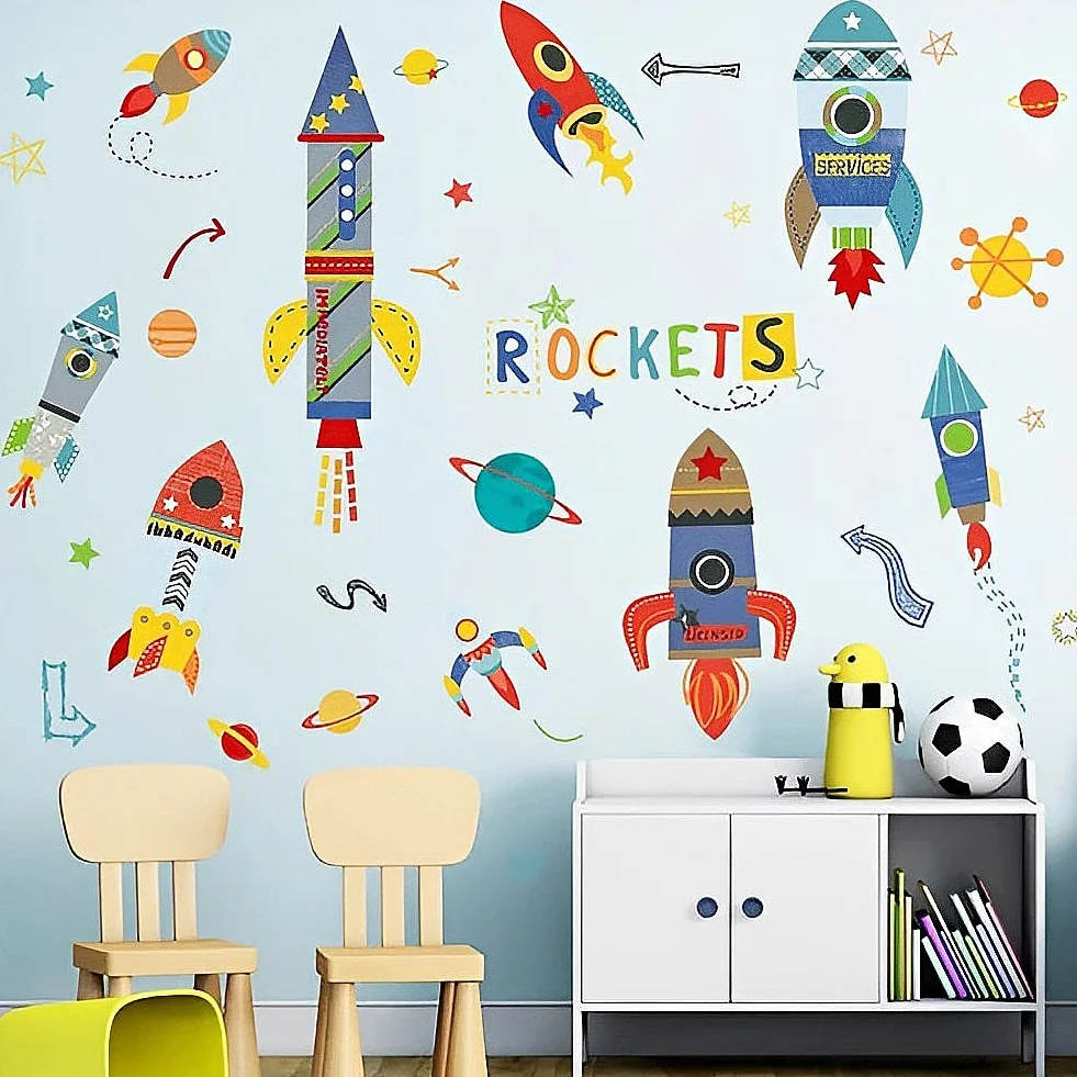 WandSticker4U® - XXL Tatuaż ścienny RAKETE Dzieci I Obrazy ścienne: 85 x 140 cm I Naklejka ścienna Pokój dziecięcy Chłopiec Kosmos Planety Naklejki Gwiazdy Statek Kosmiczny Kolorowy I Dekoracja