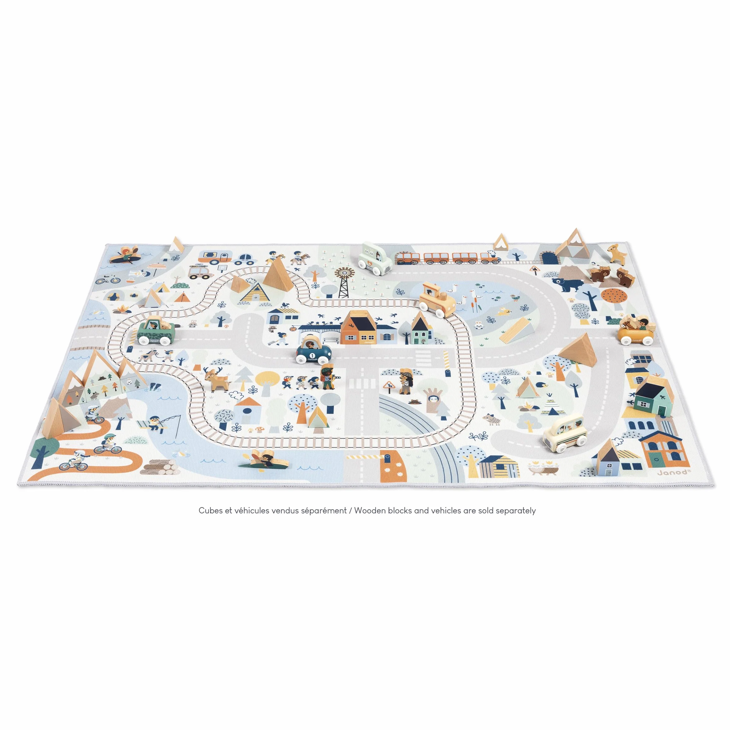 Janod Tapis Voiture Enfant - Thème Montagne Hiver - Doux & Antidérapant - Motyw Sport & Vallée - Tapis de Jeux Chambre Fille & Garçon - 120 x 78 cm - Lavable à la main - A partir de 2 ans - J05940