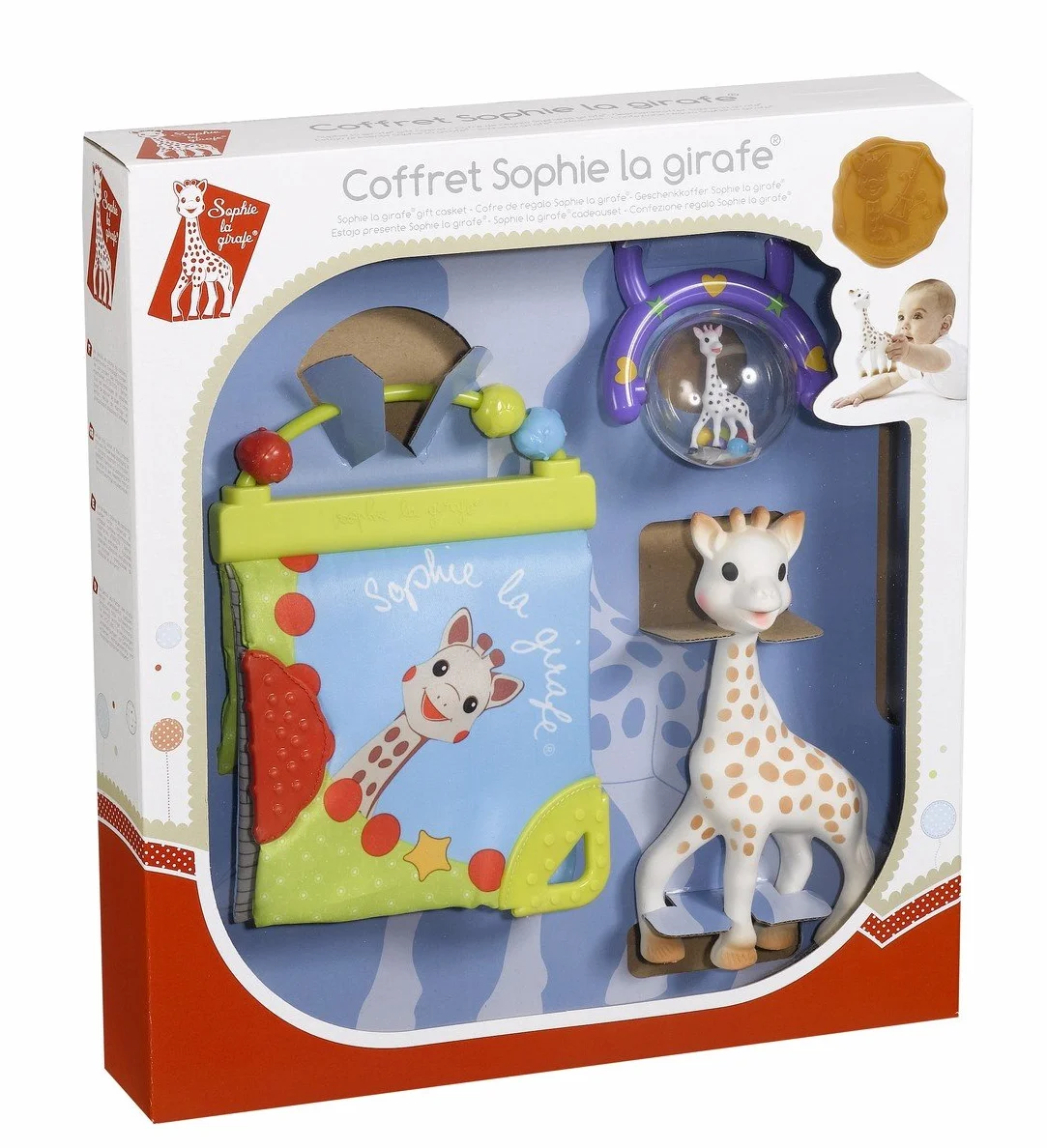 Sophie la girafe Zestaw upominkowy – gryzak, grzechotka i książka z ćwiczeniami