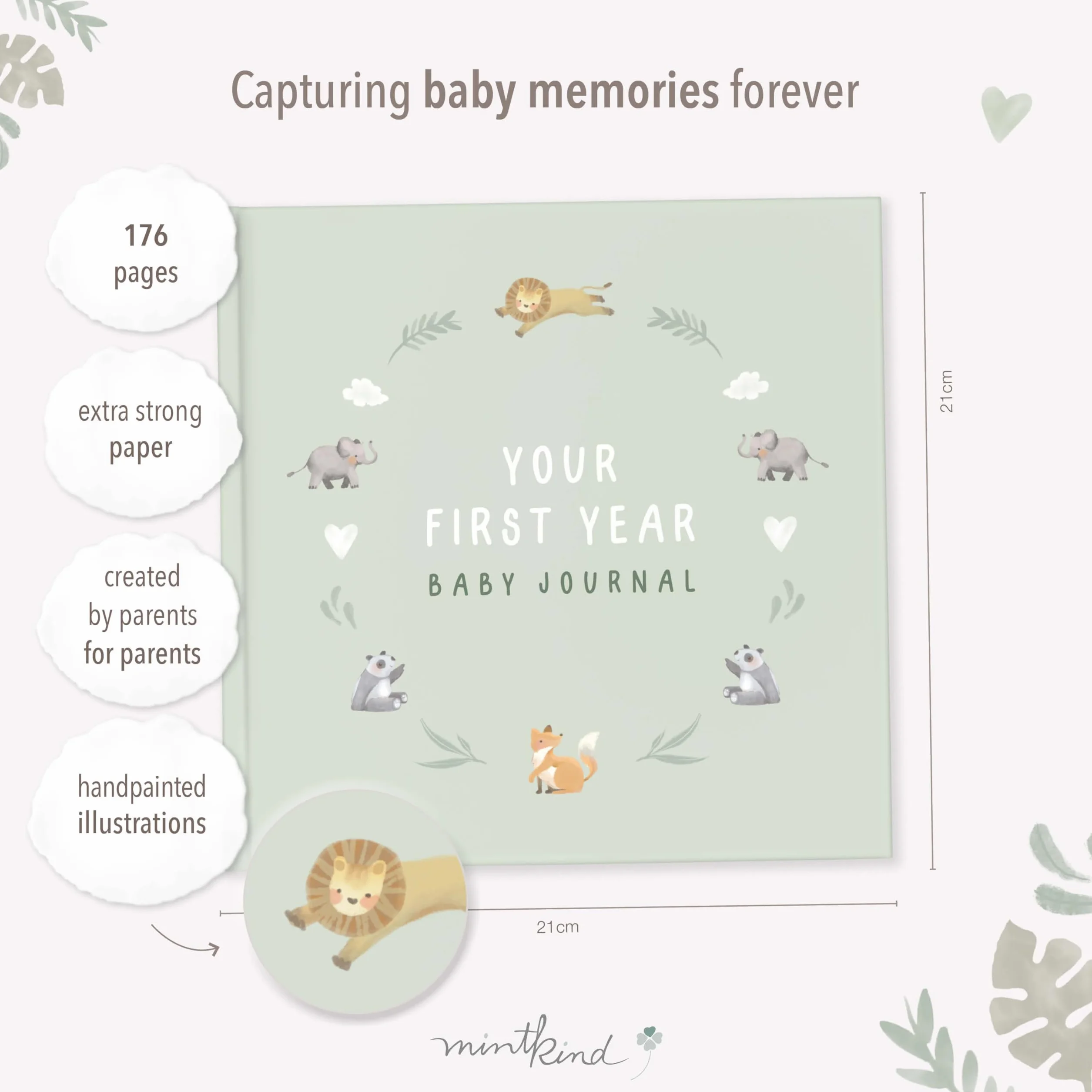 mintkind First Year Baby Journal – 176 Page Memory Book to Document Baby Milestones – Sage Green Hardcover – neutralny album fotograficzny dla płci – mocny prezent dla urodzin lub baby shower