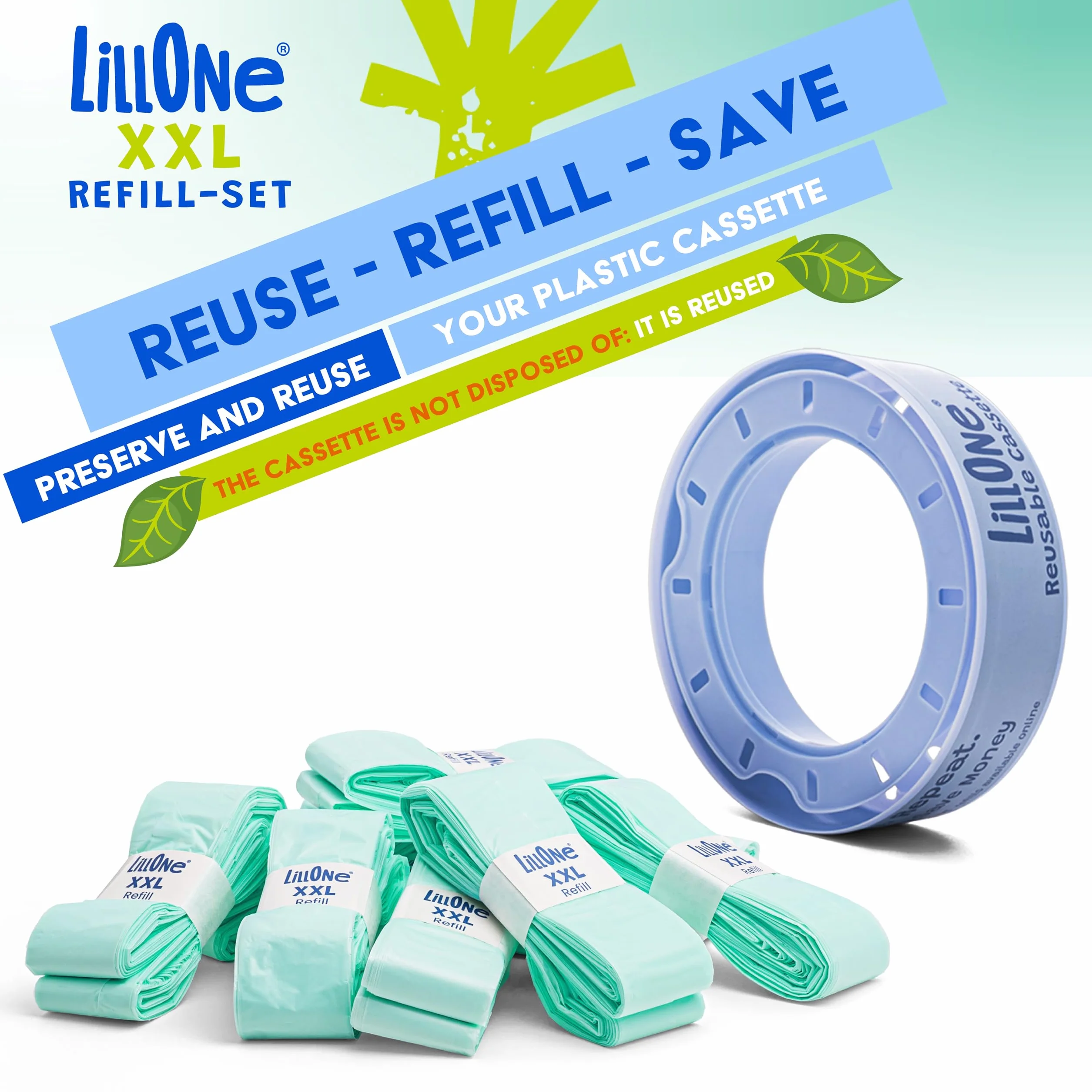 LillOne XXL-SET 10 wkładów powyżej 10 metrów + 1 kaseta wielokrotnego użytku - kompatybilna z pojemnikami na pieluchy Angelcare, Munchkin - Extra Long High Density