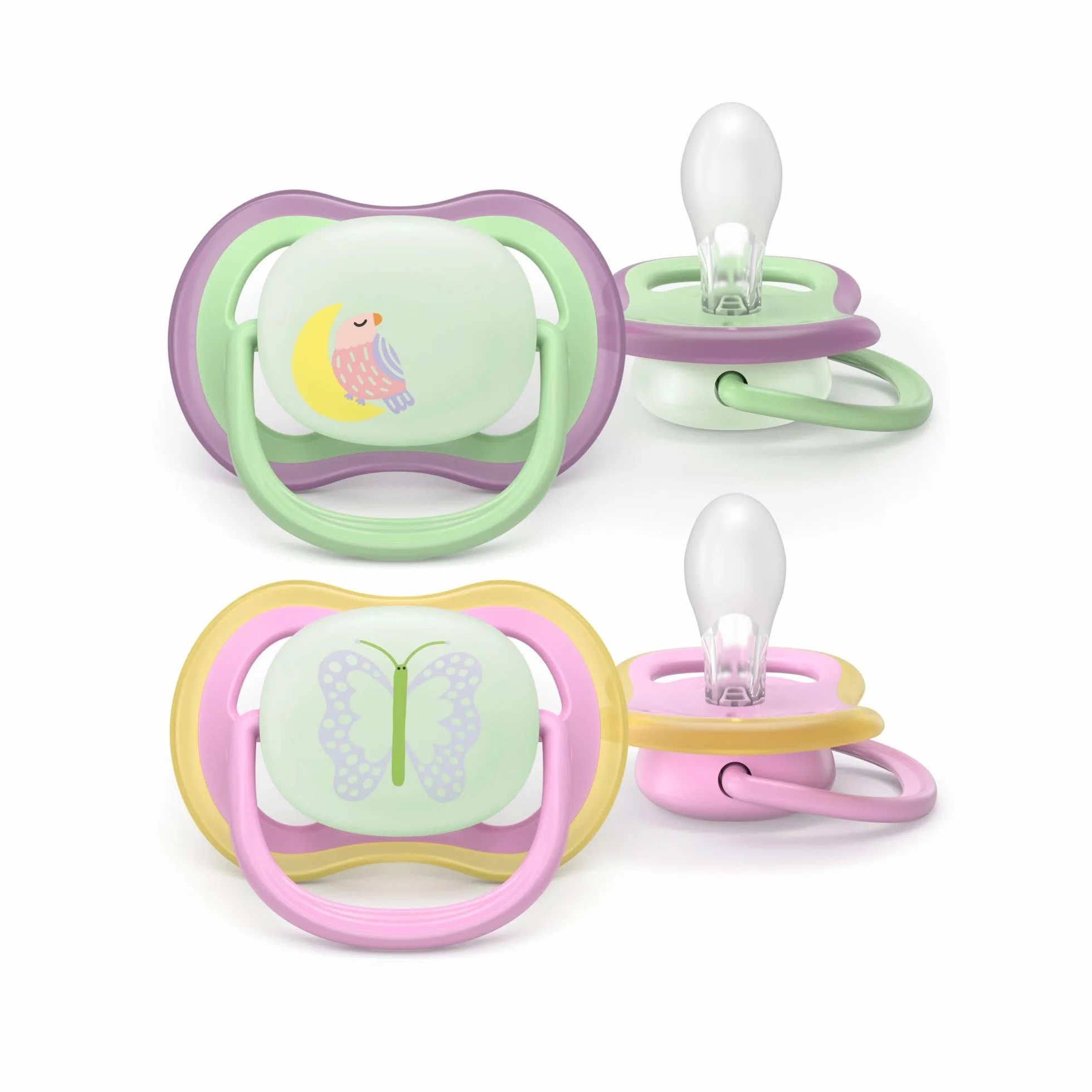Philips Avent smoczek ultra air Nighttime – dopasowany do szczęki, dla dzieci w wieku 6-18 miesięcy, świeci w ciemności, miękki, symetryczny silikonowy smoczek, nie zawiera BPA, 2 sztuki, SCF376/29