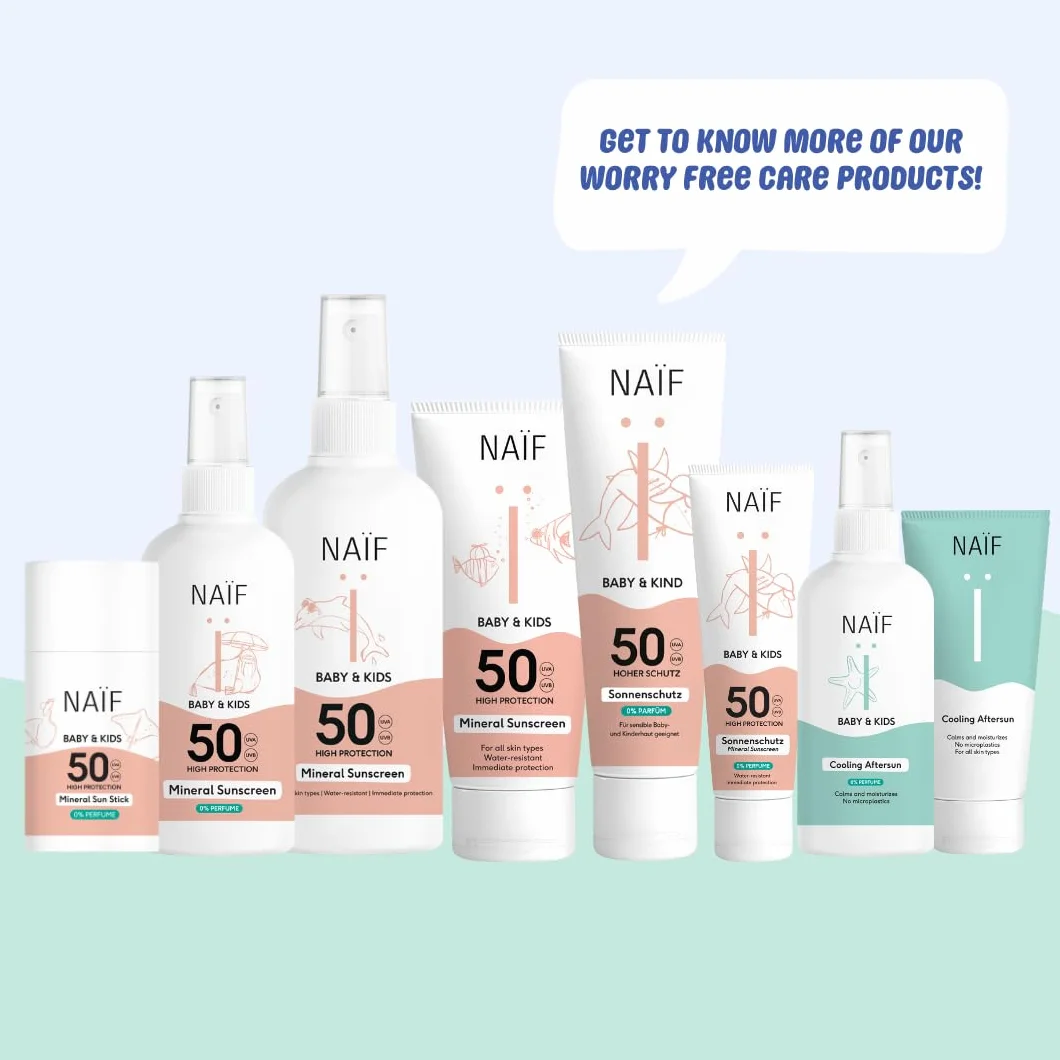 Naïf Spray przeciwsłoneczny na bazie mineralnej – dla niemowląt i dzieci – LSF 50 – spray bez oktokrylenu – ochrona UVA i UVB – odporny na działanie wody – testowany dermatologicznie – bez