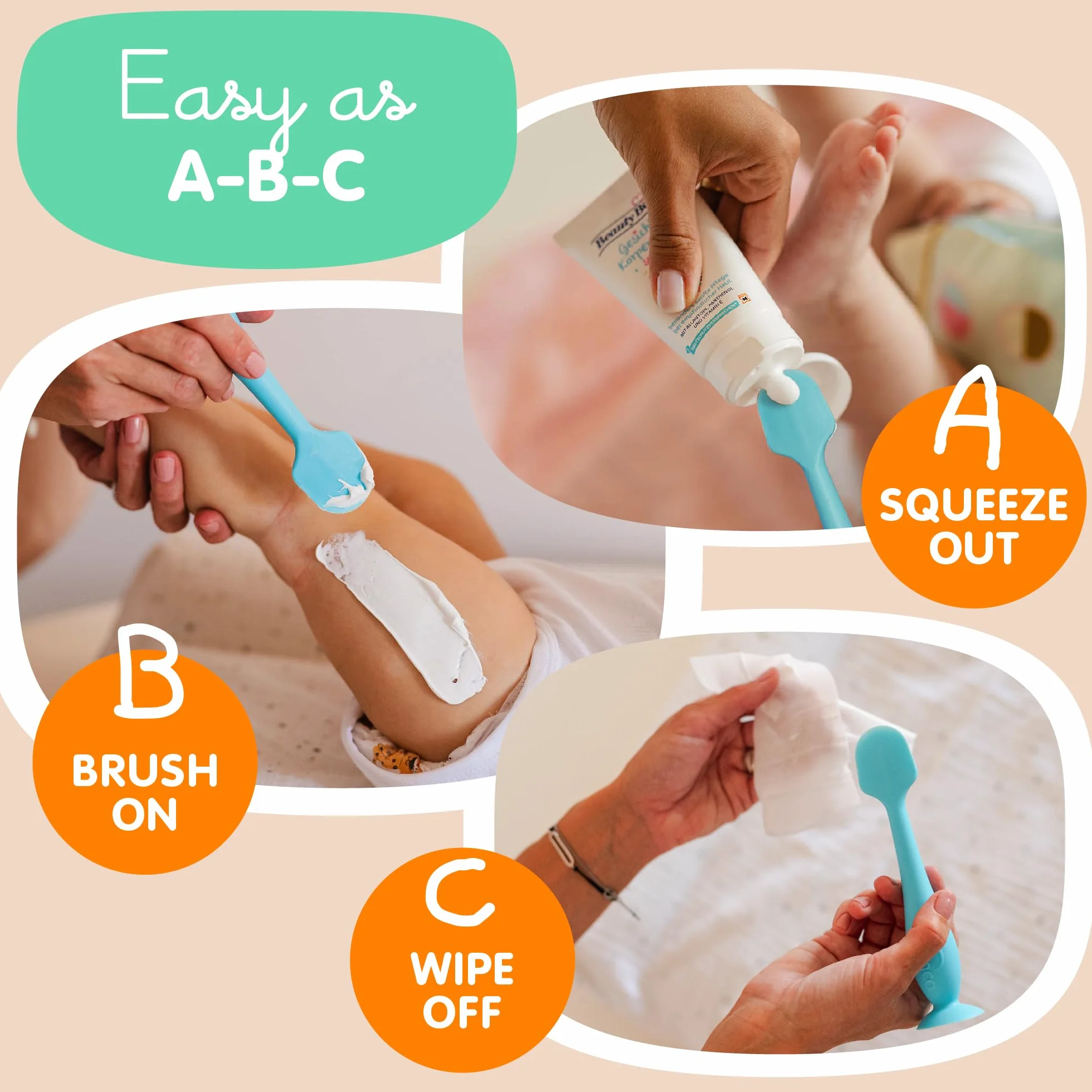 Bumco Baby Essentials dla noworodka – szczotka do pępka dla niemowląt oryginalny aplikator do wysypki na pieluchy, miękka elastyczna silikonowa szczotka, wyjątkowy prezent plus mini aplikator do wysypki z etui podróżnym, niebieski i szary