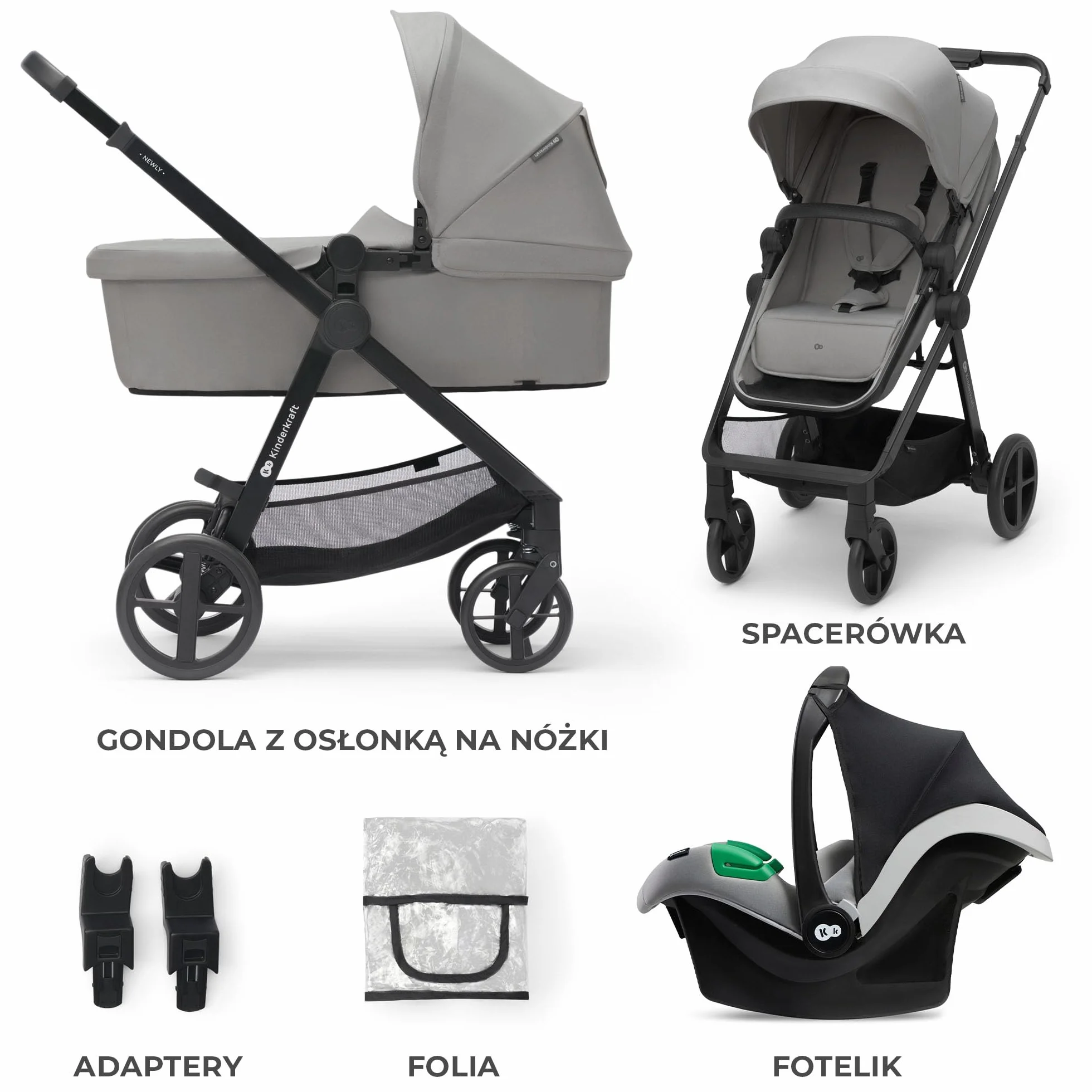 Kinderkraft NEWLY 3w1, wielofunkcyjny wózek dziecięcy, Travel System, funkcja spacerówki, fotelik samochodowy, akcesoria, regulacja oparcia, filtr UPF50+, lekki, od urodzenia do 22 kg, szary