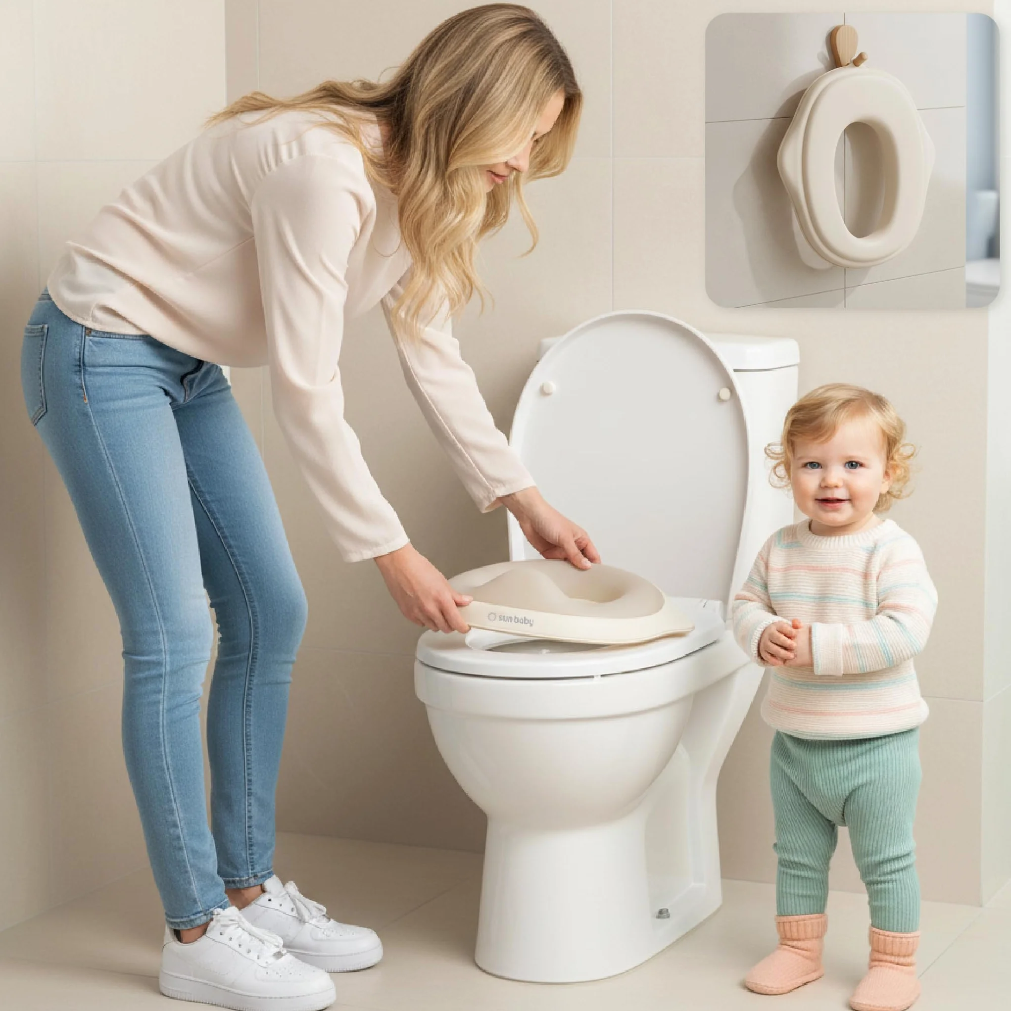 sun baby Nakładka na sedes WC dla dzieci, Nakładka sedesowa 2-6 lat - antypoślizgowy, profilowany kształt, łatwa do czyszczenia, pasuje do standardowych sedesów - Biało-Beżowa