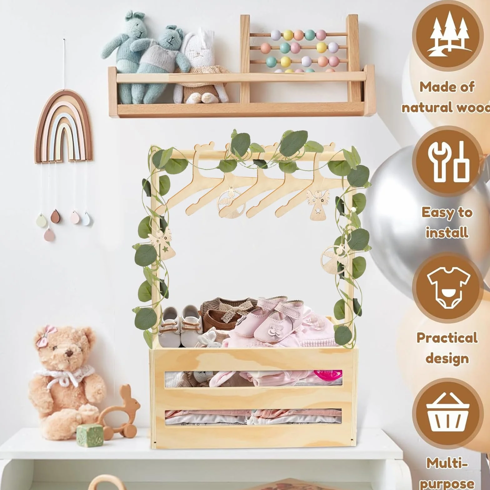Prezent na baby shower, drewniany kosz dla niemowląt z drewnianymi kółkami, uchwyt, szafa na baby shower, praktyczna drewniana skrzynka na baby shower z 5 wieszakami na ubrania dla lalek (tęczowy)