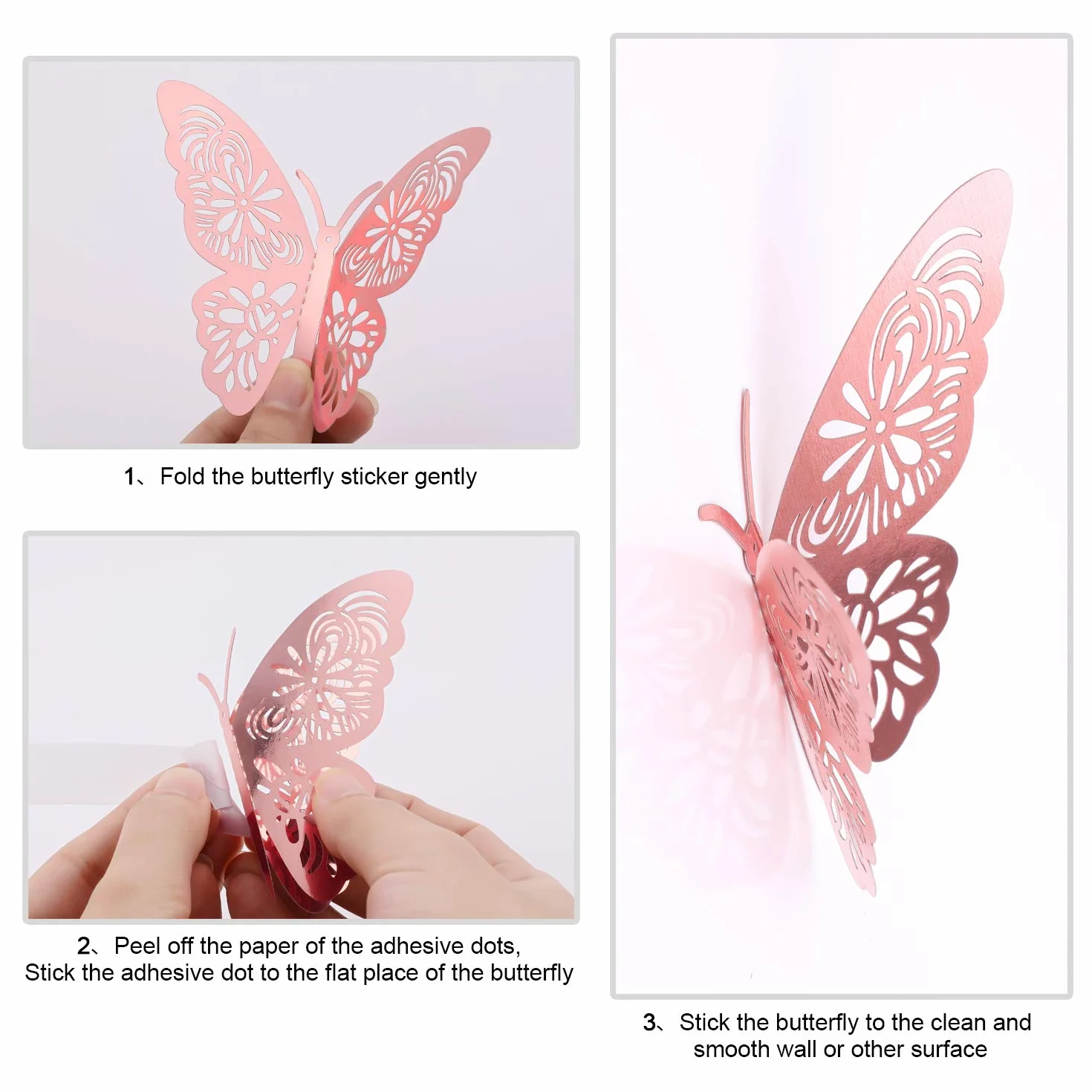 MWOOT Naklejki ścienne Motyl Dekoracja 3D, 48 sztuk Motyl Naklejki na przyjęcie urodzinowe ślub Dekoracja domu Różowy