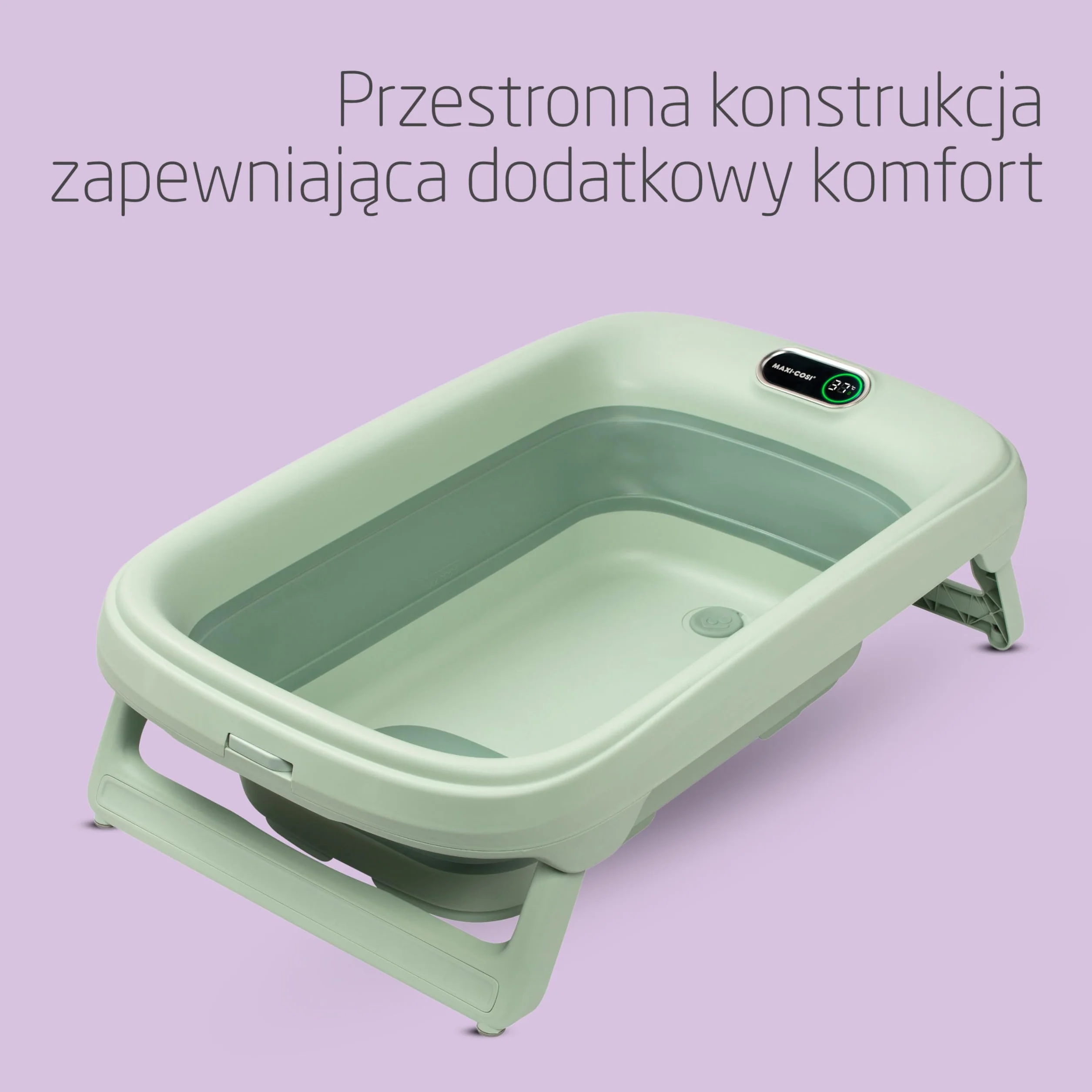 Maxi-Cosi Indigo Składana Wanienka dla Niemowląt, 0-4 lata, Wanienka dla Dziecka, Zabudowany Termometr HighSense, Antypoślizgowa, Hak do Zawieszania, Składana na Płasko, Sage Green