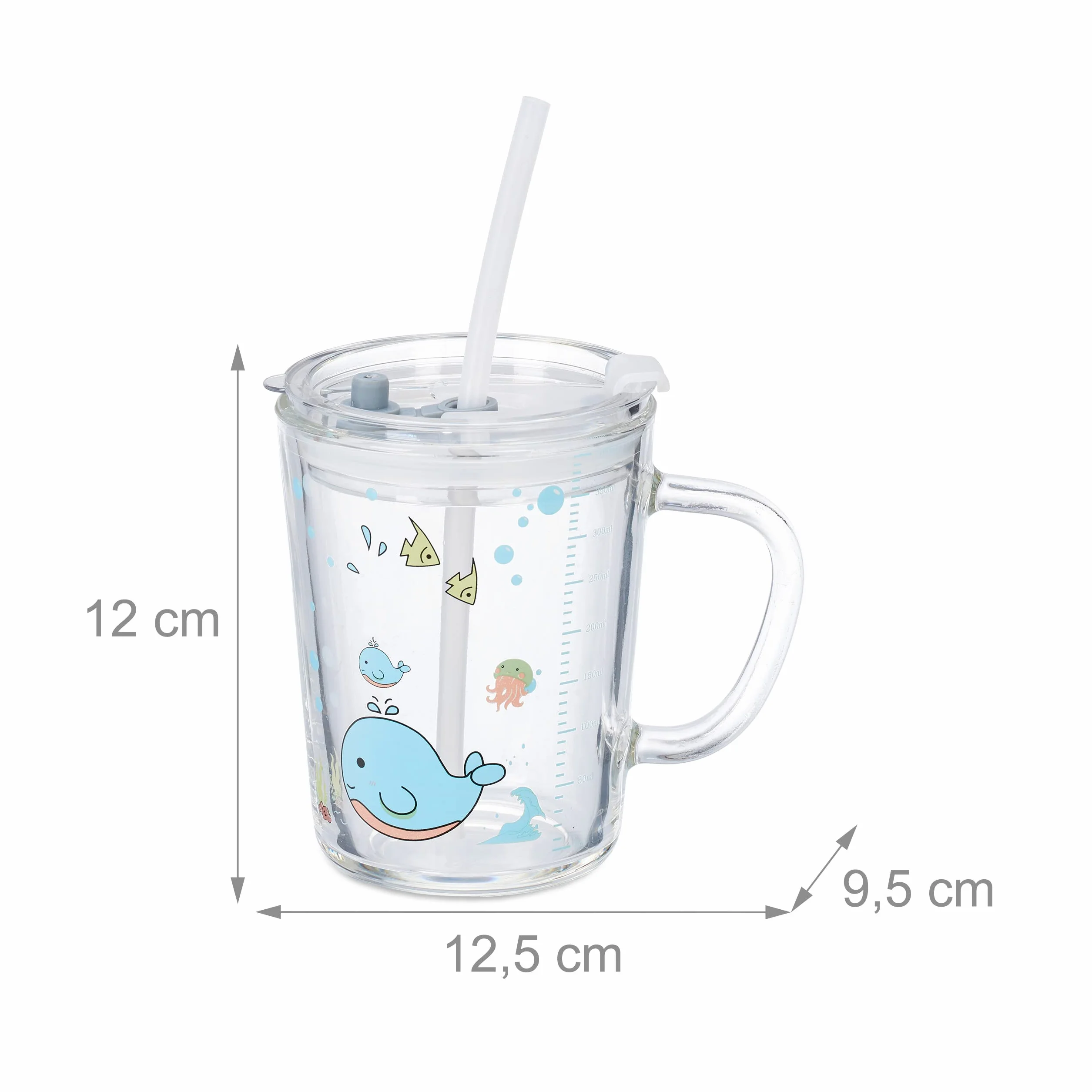Relaxdays Zestaw 2 szklanek dla dzieci, motyw wieloryba, szklanki do picia dla dzieci, z uchwytem, pokrywką i słomką, skala 400 ml, przezroczyste