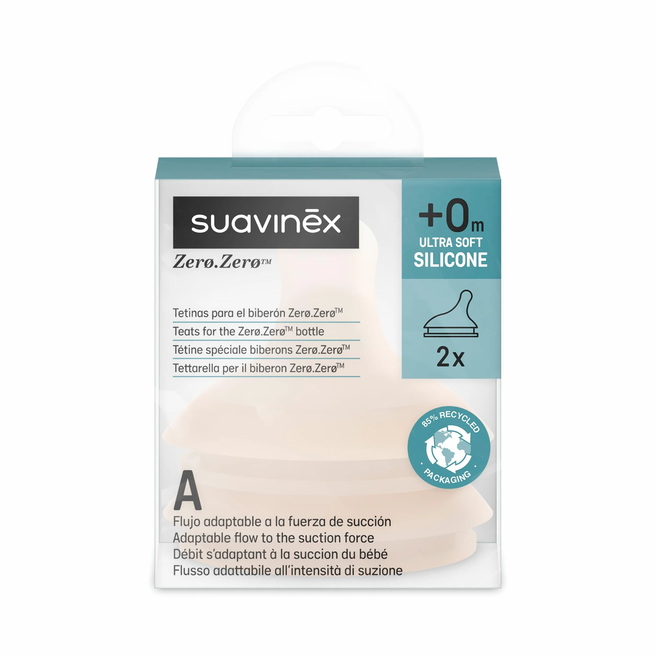 Suavinex, 2-pak smoczek do butelki Zero Zero Anti-Colic, zamiennik ze specjalnym przepływem karmienia (A), regulowany przepływ pokarmu, specjalnie dla niemowląt karmionych piersią, silikon, dla