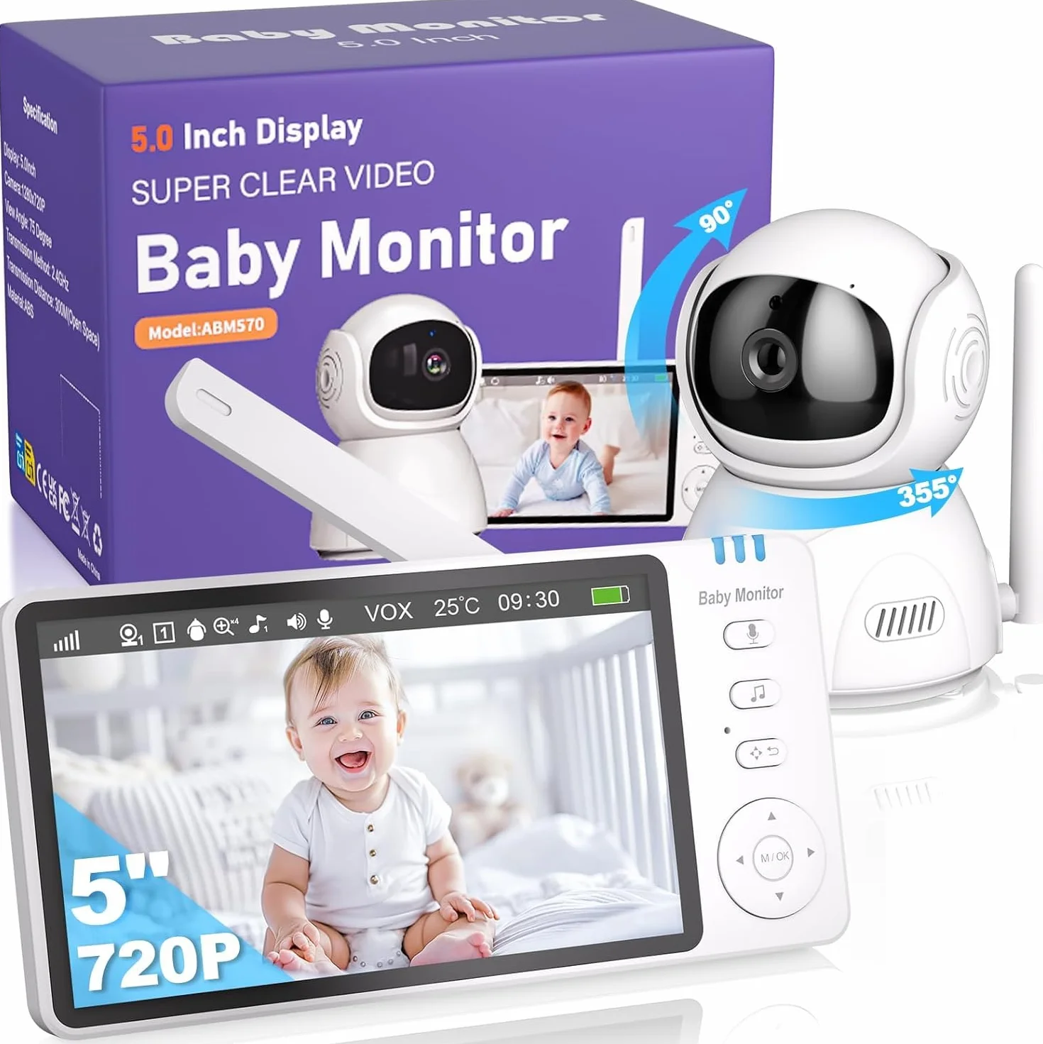 BURNNOVE 5-calowy monitor dla niemowląt z kamerą, VOX 4-krotny zoom, alarm karmienia, funkcja konwersacji, obrót/pochylenie PTZ, kołysanka, widzenie nocne, odpowiedni dla młodych rodziców
