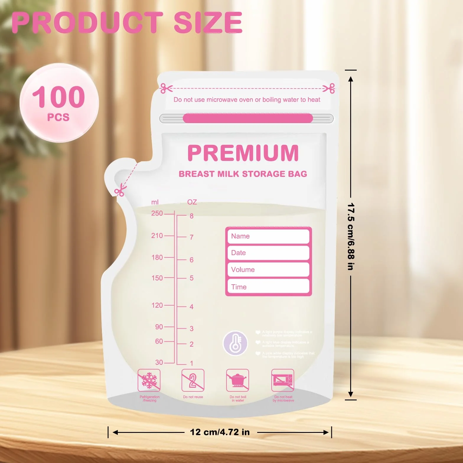 100 sztuk worków do przechowywania mleka matki, 250 ml z dzióbkiem, zmiana koloru z wyczuwalną temperaturą dla wygodnego karmienia piersią