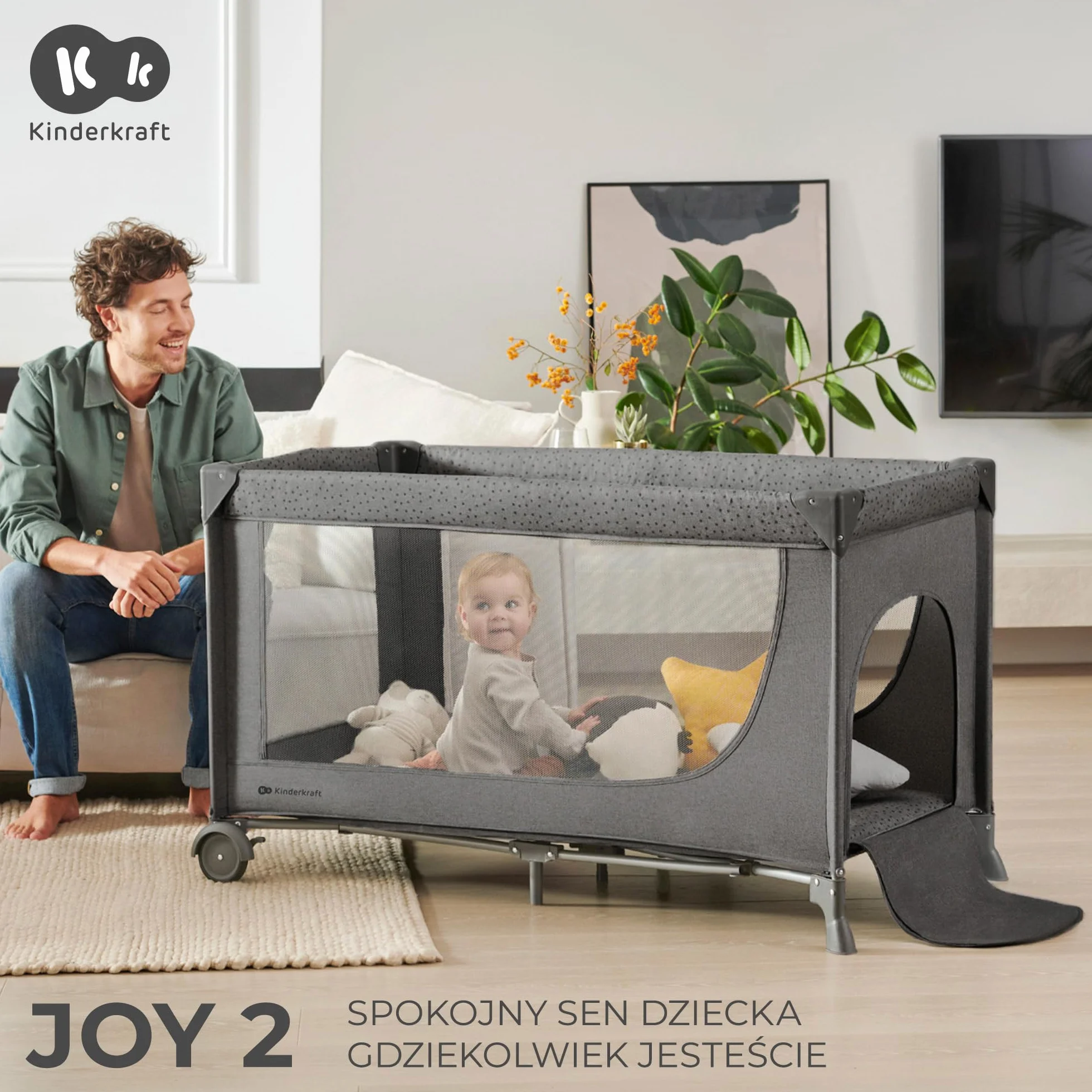 Kinderkraft JOY 2 Łóżeczko turystyczne 2 w 1, Boczne wejście, Szybkie składanie i rozkładanie, Zabezpieczenie przed złożeniem, Kółka i torba ułatwiające transport, Szary
