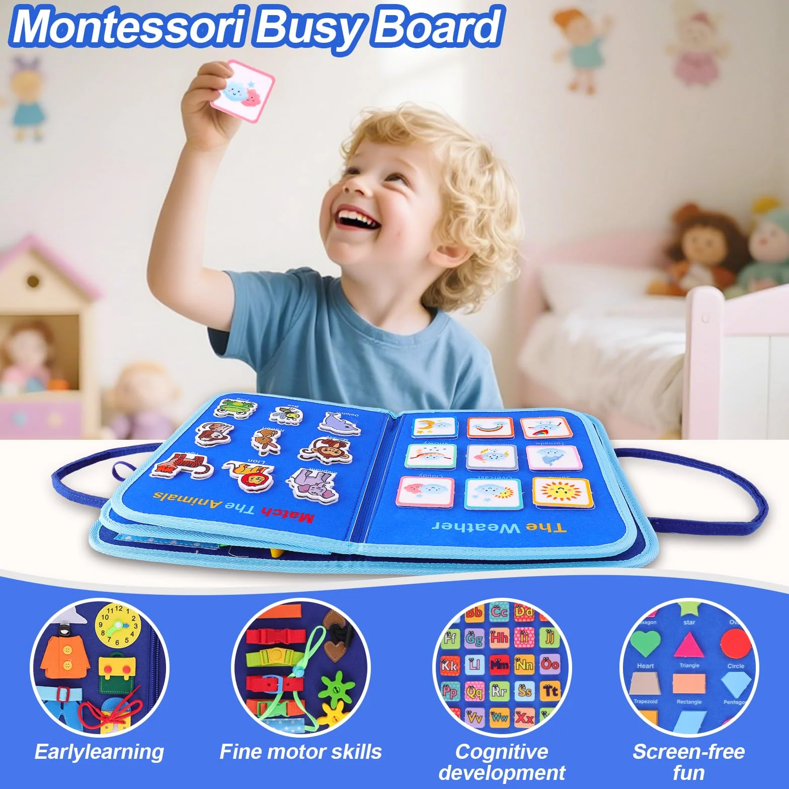 Książka Montessori, Busy Board Montessori 2 lata, sensoryczna książka, zabawki Montessori, interaktywna walizka, zabawki edukacyjne dobra motoryka prezent dla dzieci 1 2 3 lata