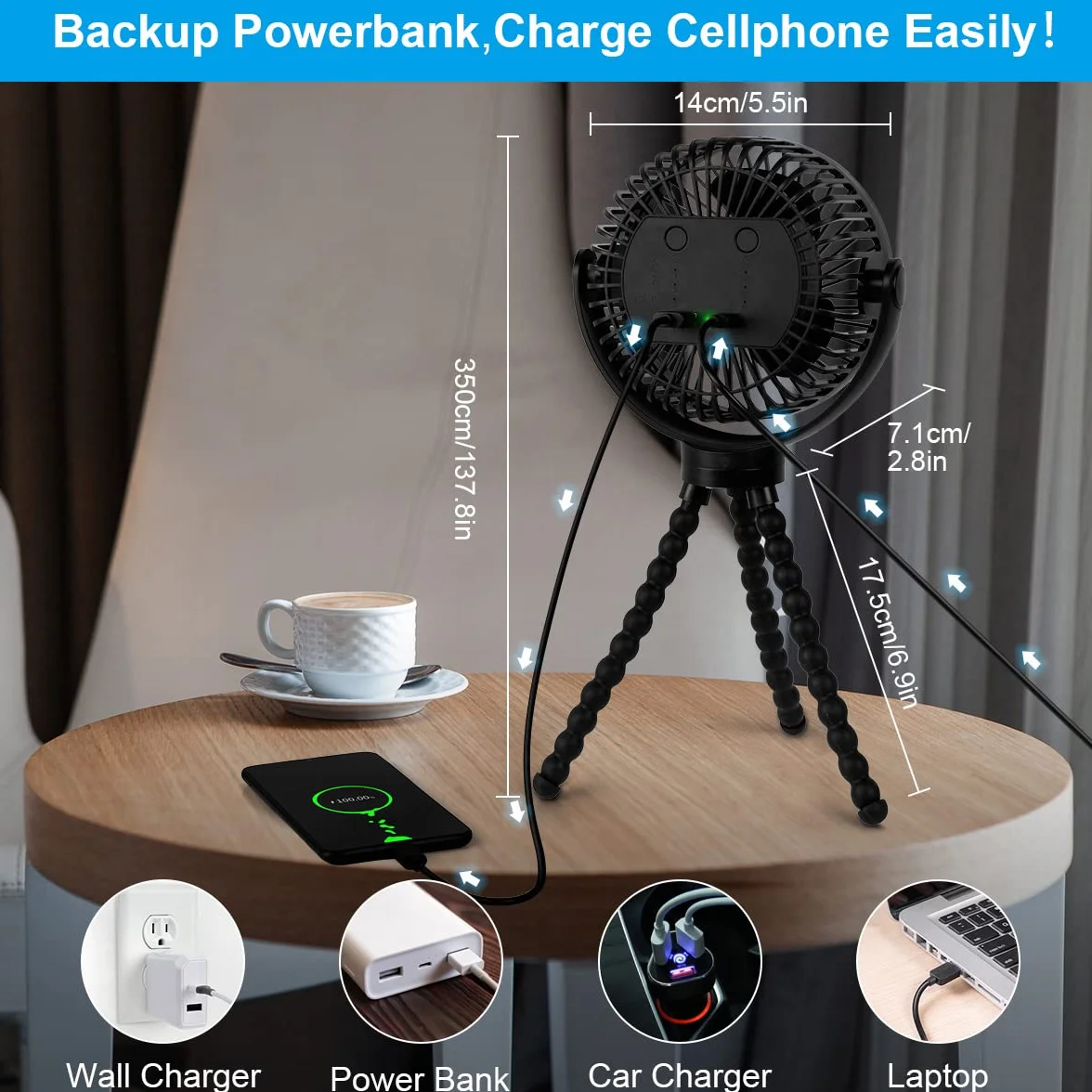 ELZO Wentylator wózka 12000 mAh, cichy, przenośny wentylator z 3 prędkościami, wentylator obrotowy o 360°, wentylator ładowany przez USB, do wózka, biura, fotelika samochodowego, namiotu