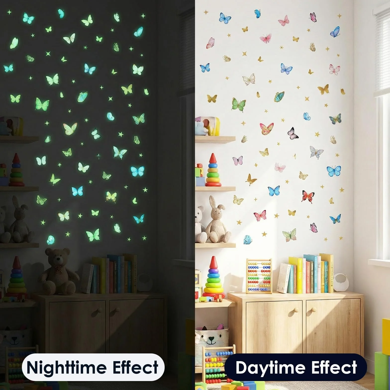 Dziewczęca naklejka na ścianę, motyl 3D, samoprzylepna, naklejka na ścianę, świecąca naklejka na sufit, zdejmowana, do pokoju dziecięcego, salonu