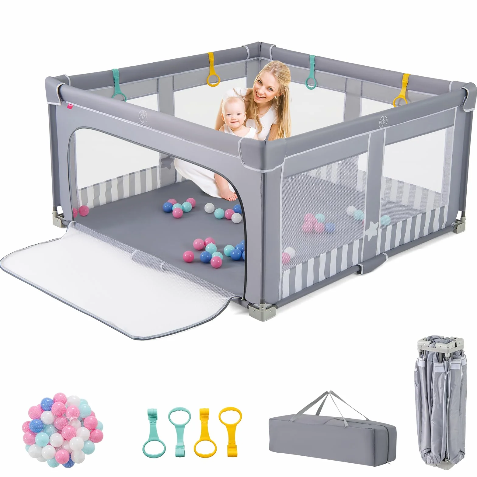 COSTWAY Kojec dla niemowląt, 150 x 150 cm, składany, kojec dla dzieci z 50 piłkami, 4 uchwyty i bramka z zamkiem błyskawicznym, kratka do raczkowania z oddychającą siatką i torbą do przenoszenia